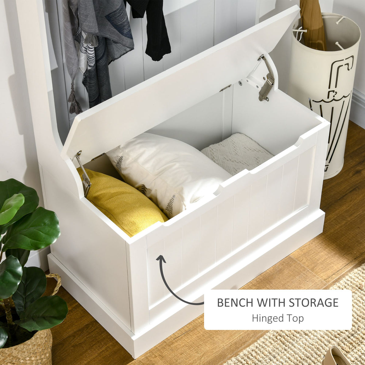Entryway Hall Tree with Coat Rack, Sitting Bench, Storage, and Hooks, Mudroom Bench, White - product view 6