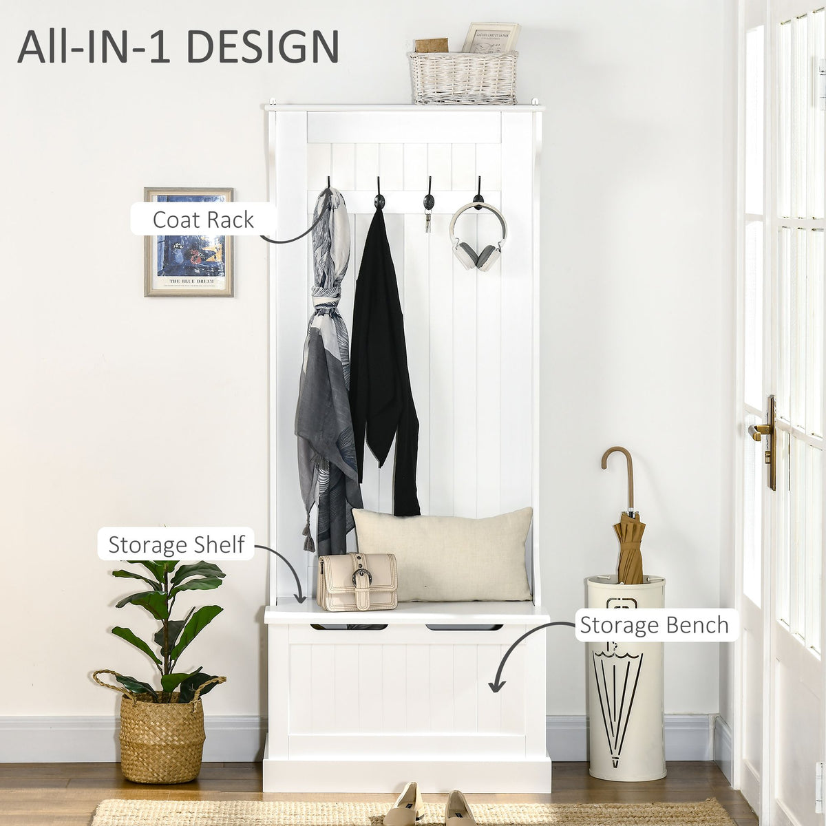 Entryway Hall Tree with Coat Rack, Sitting Bench, Storage, and Hooks, Mudroom Bench, White - product view 4