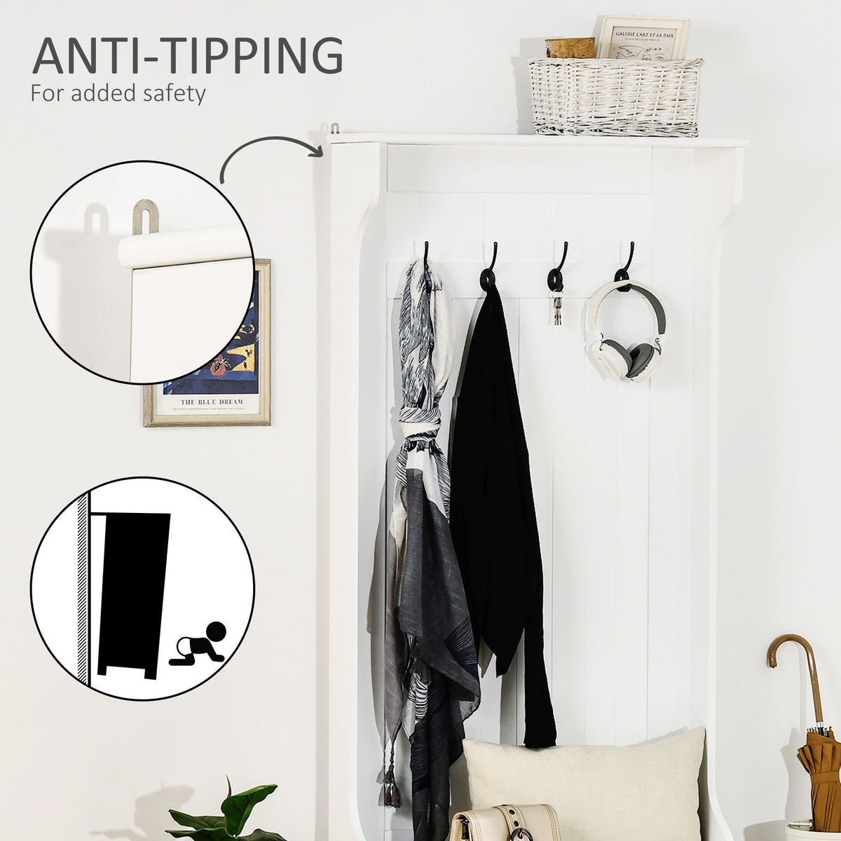 Entryway Hall Tree with Coat Rack, Sitting Bench, Storage, and Hooks, Mudroom Bench, White - product view 7