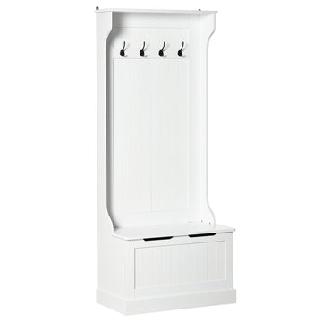 Entryway Hall Tree with Coat Rack, Sitting Bench, Storage, and Hooks, Mudroom Bench, White