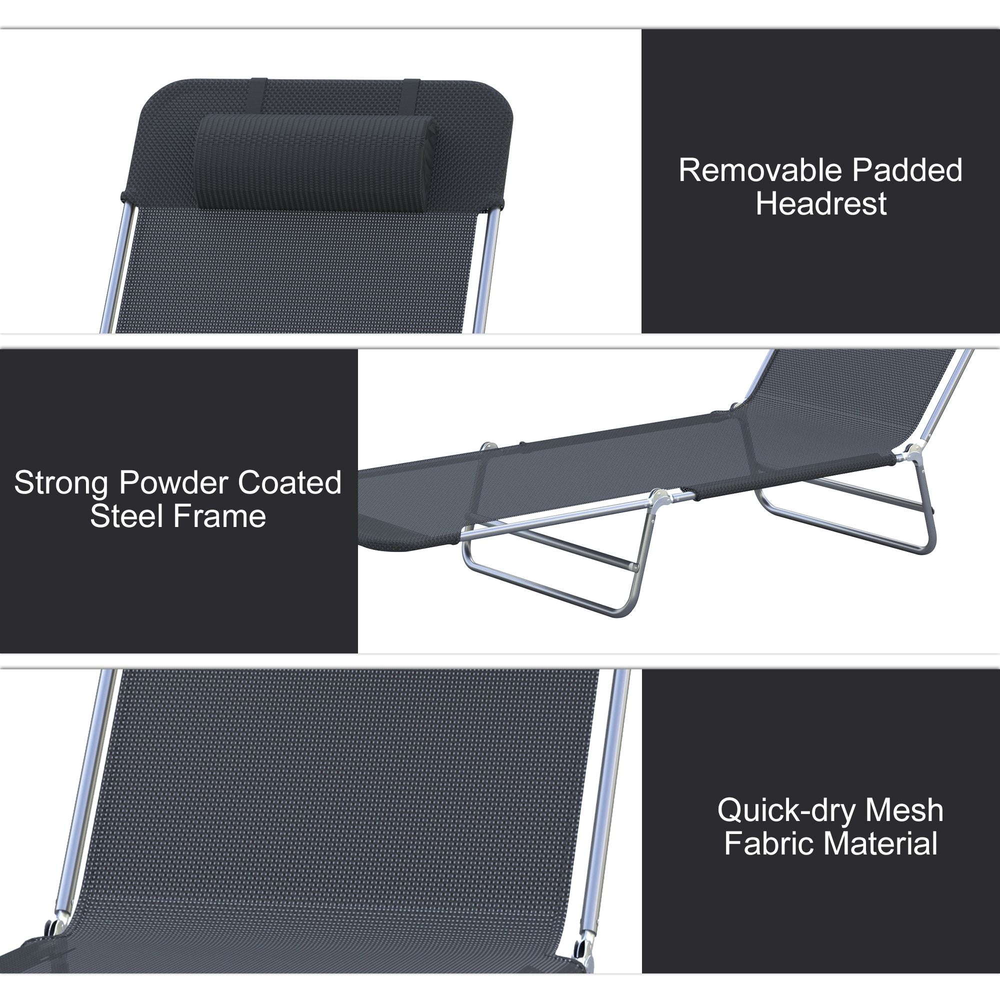 Outsunny Folding Chaise Lounge Chair with 6-Level Backrest, Black