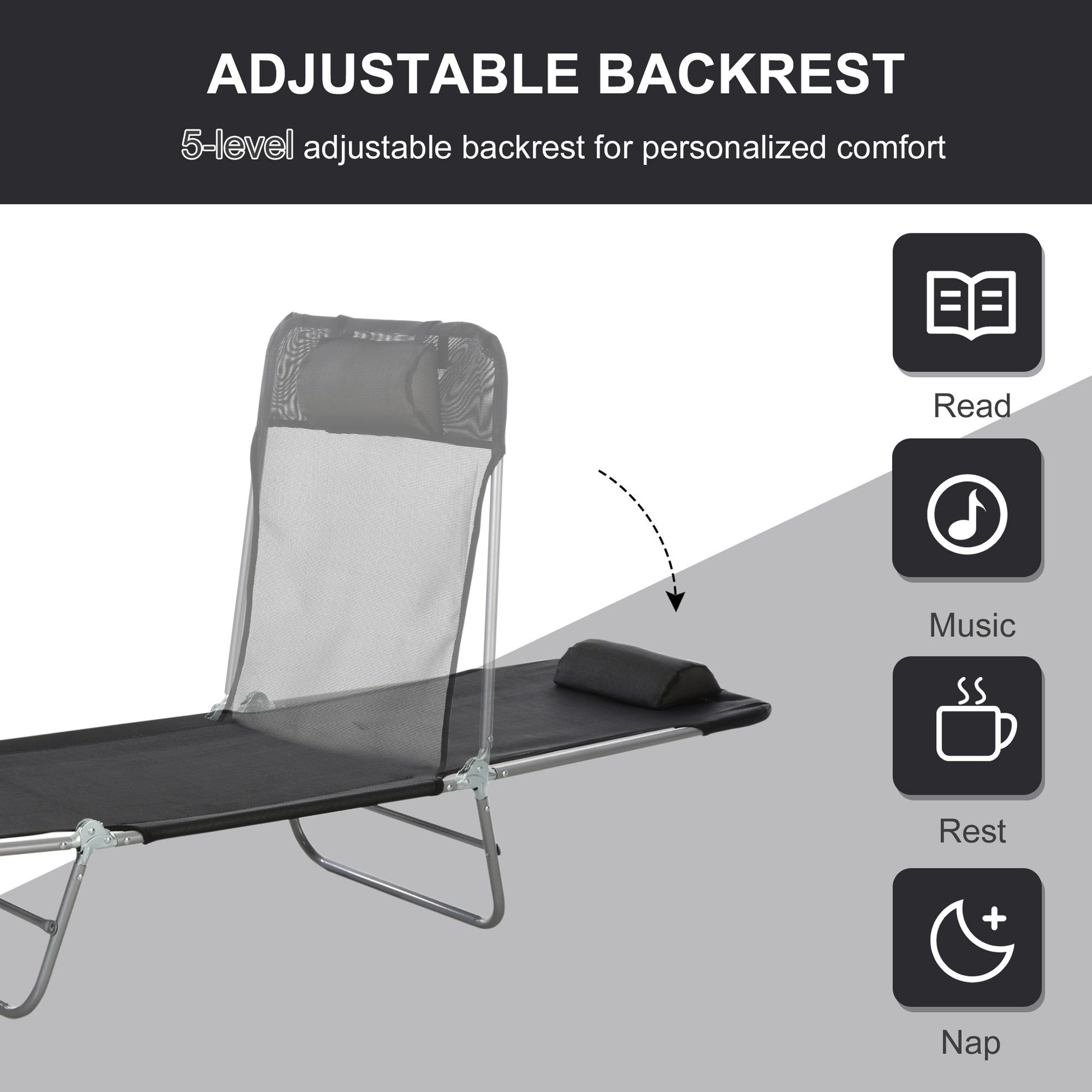 Outsunny Folding Chaise Lounge Chair with 6-Level Backrest, Black