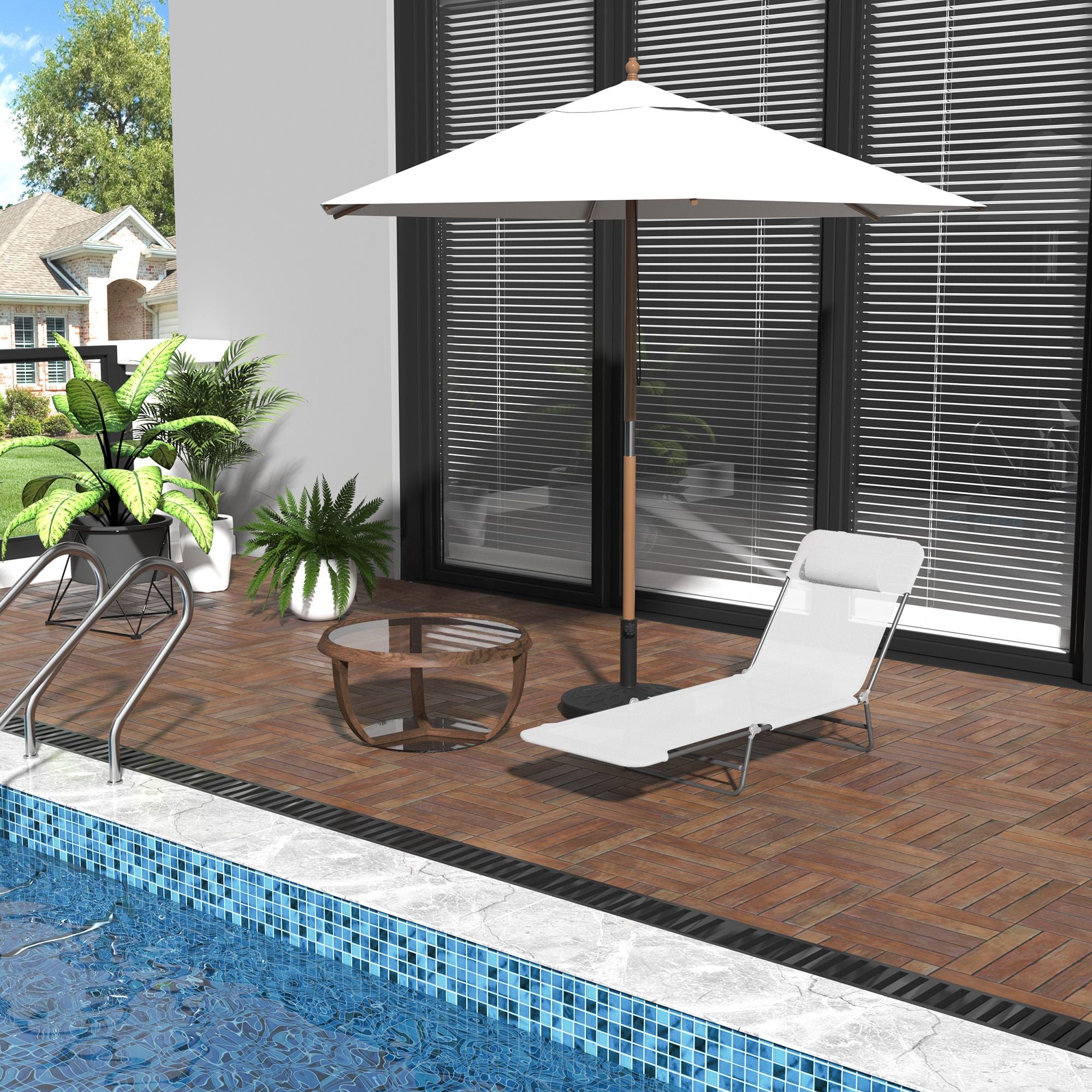 Outsunny Folding Chaise Lounge Chair with Headrest, Cream White