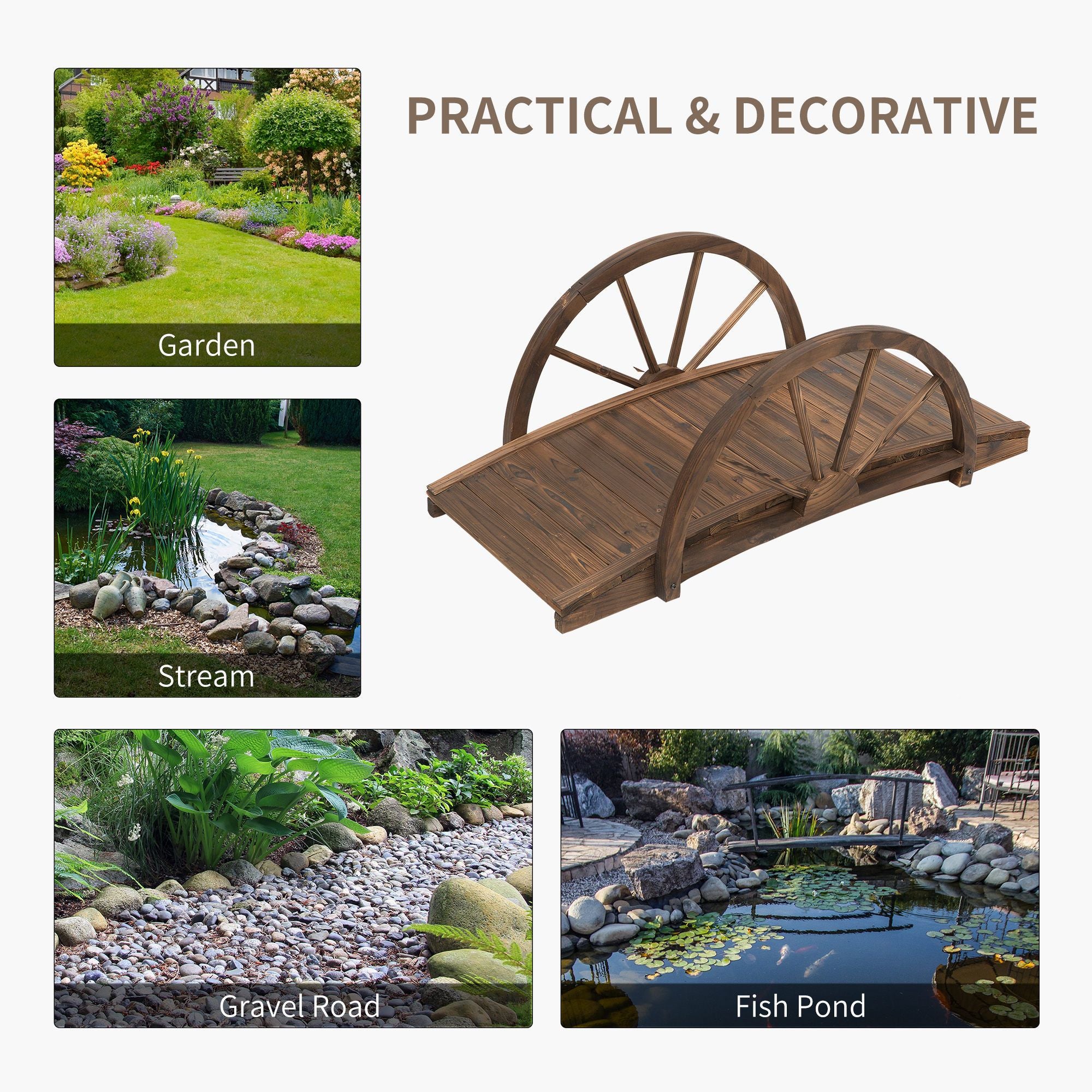 Outsunny 3.3 ft Wooden Garden Bridge with Half-Wheel Railings