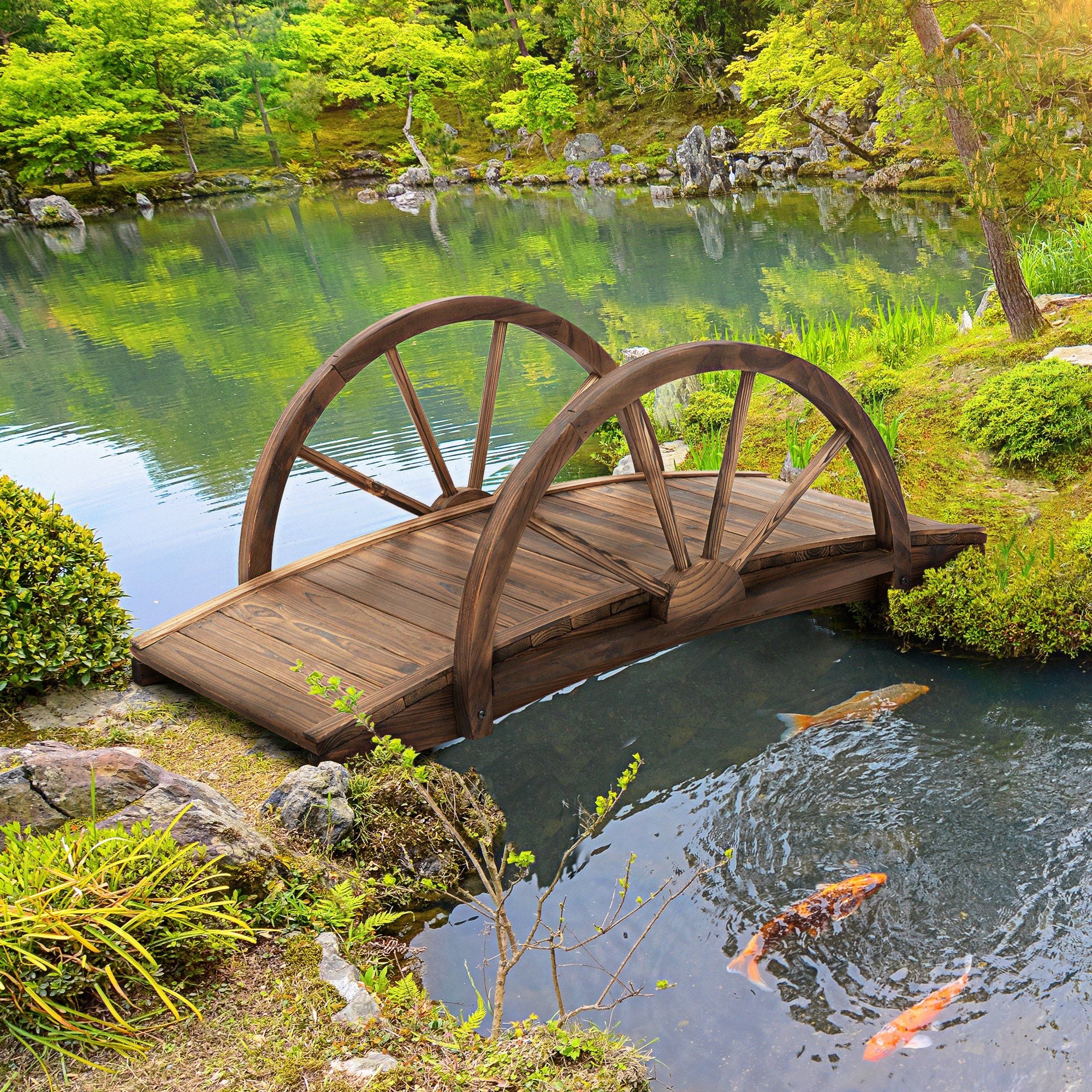 Outsunny 3.3 ft Wooden Garden Bridge with Half-Wheel Railings