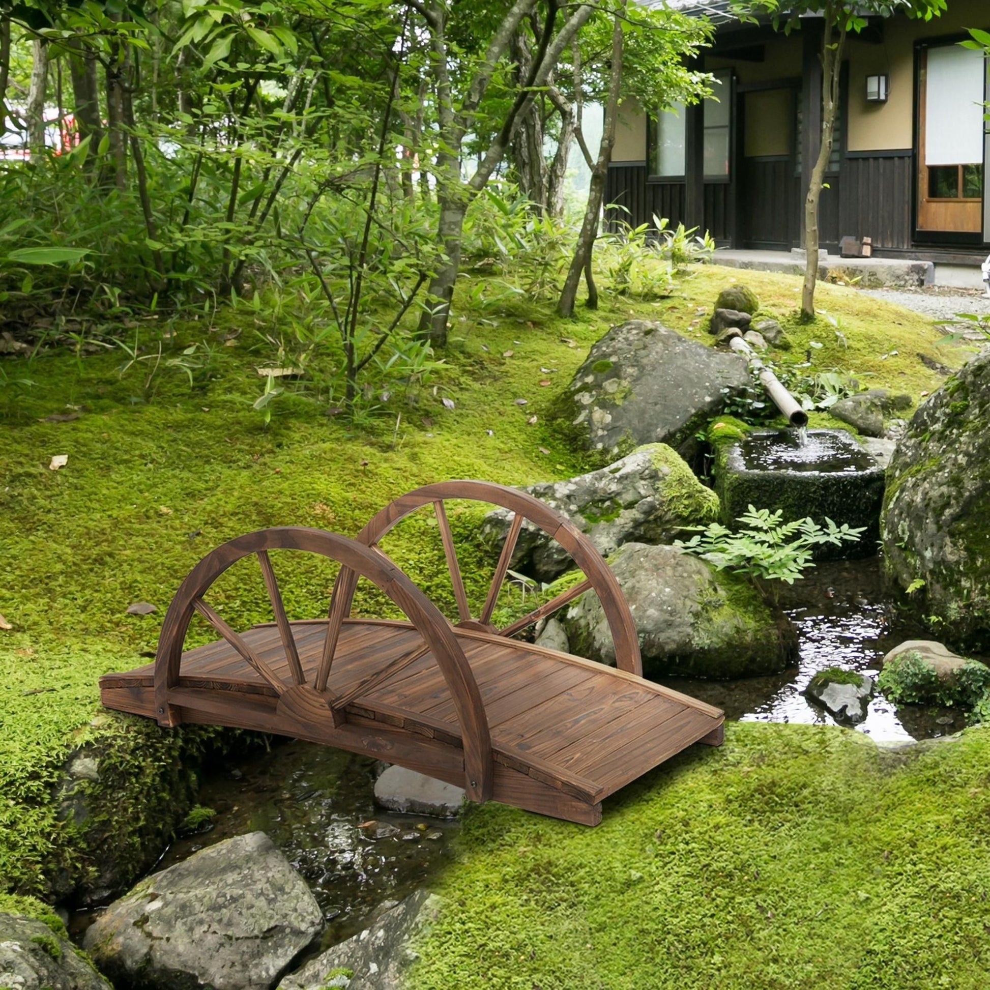 Outsunny 3.3 ft Wooden Garden Bridge with Half-Wheel Railings