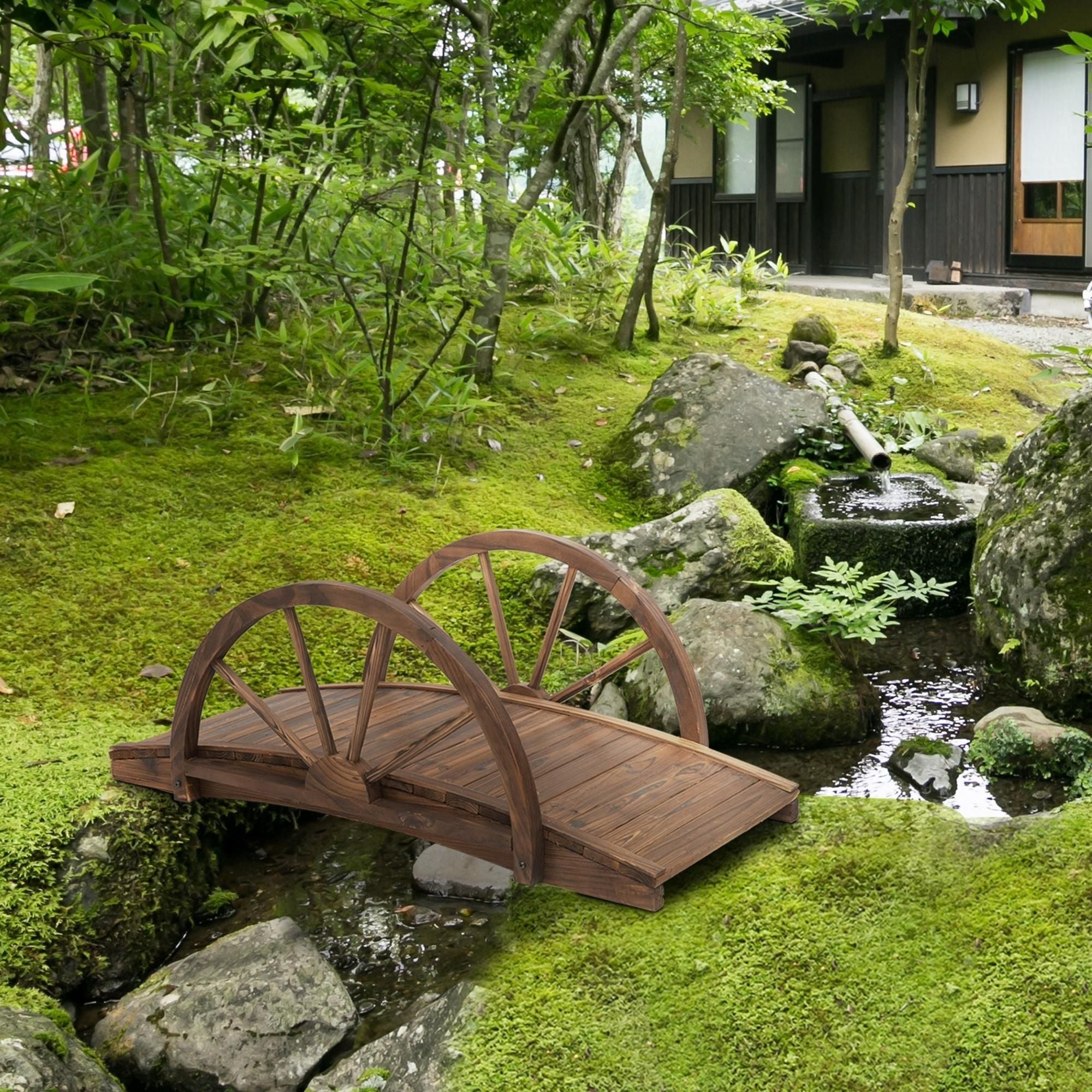 Outsunny 3.3 ft Wooden Garden Bridge with Half-Wheel Railings