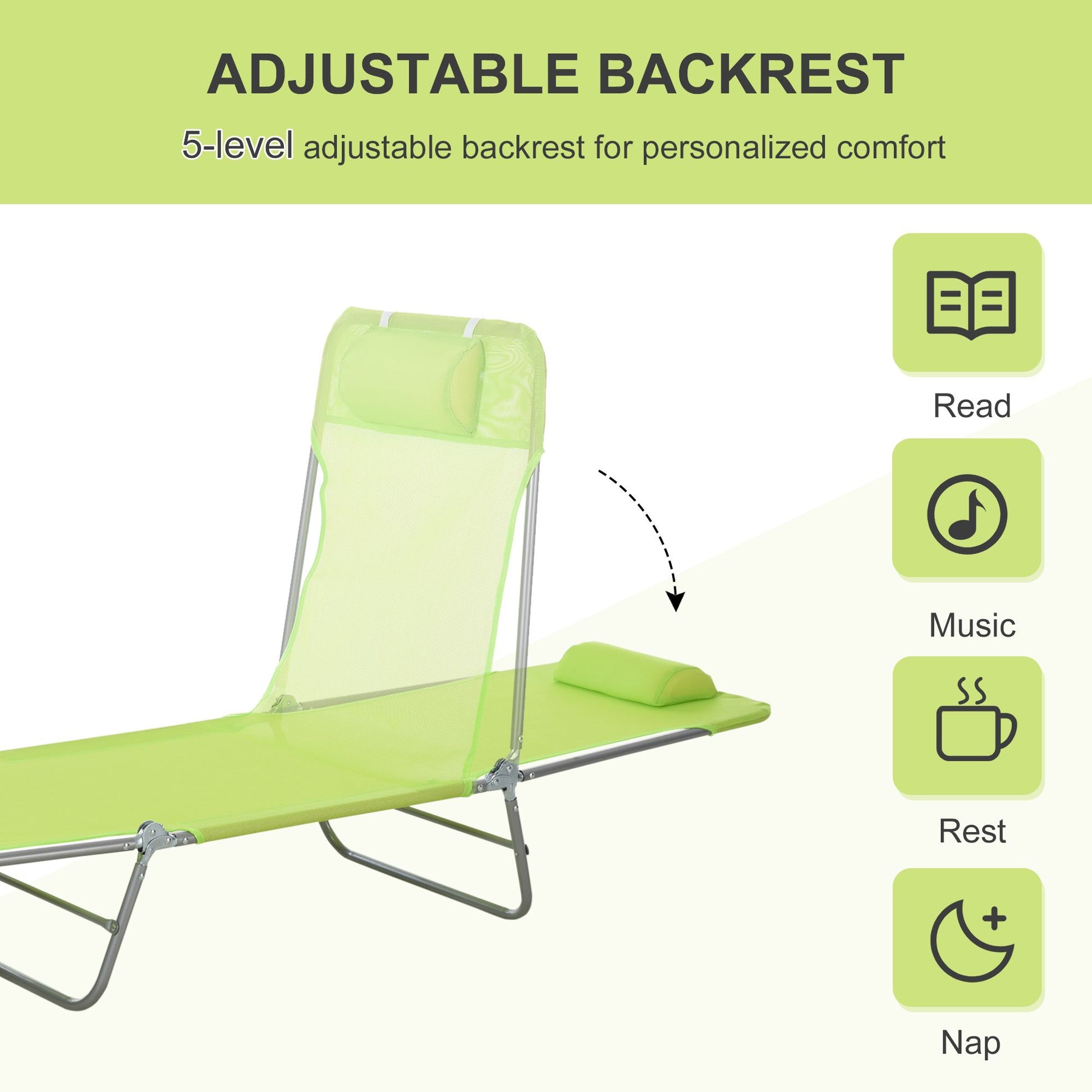 Outsunny Folding Chaise Lounge Chair with 6-Level Backrest, Green