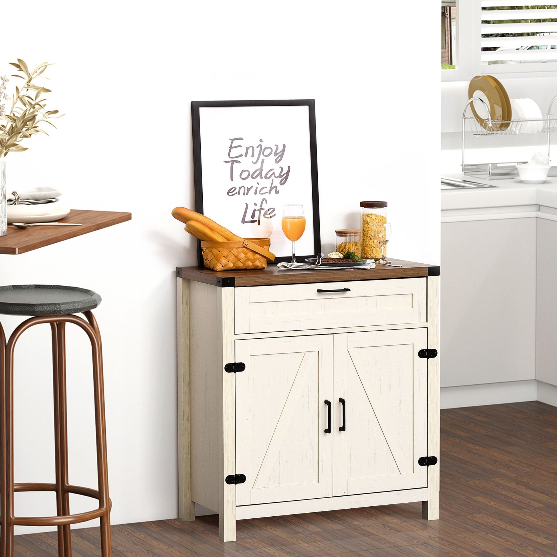 HOMCOM Farmhouse Kitchen Buffet Sideboard Cabinet with Drawer and Shelf, White