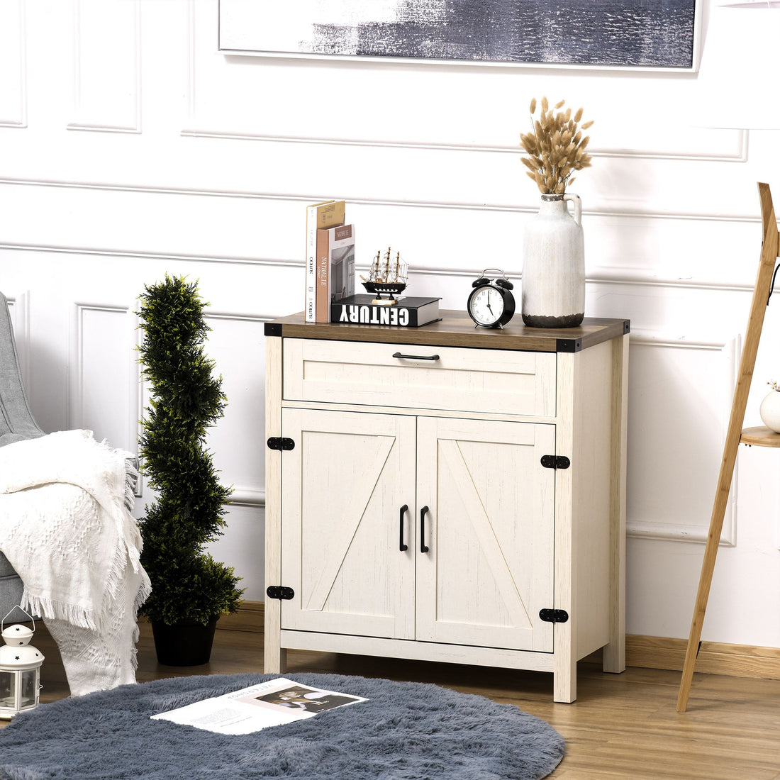 HOMCOM Farmhouse Kitchen Buffet Sideboard Cabinet with Drawer and Shelf, White
