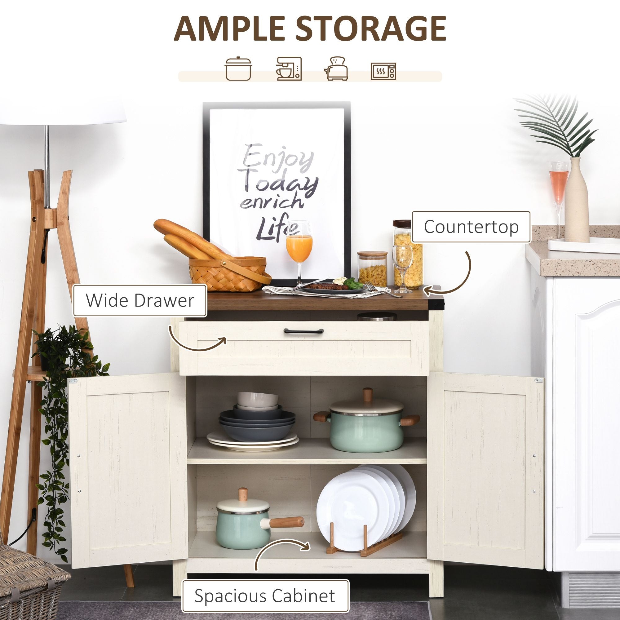 HOMCOM Farmhouse Kitchen Buffet Sideboard Cabinet with Drawer and Shelf, White
