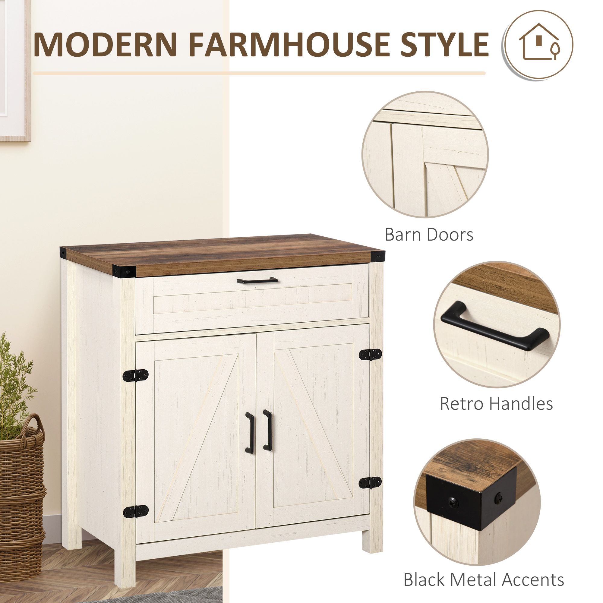 HOMCOM Farmhouse Kitchen Buffet Sideboard Cabinet with Drawer and Shelf, White