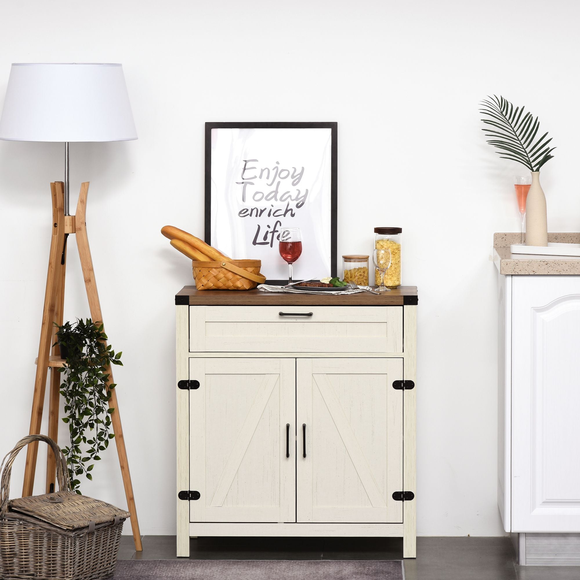 HOMCOM Farmhouse Kitchen Buffet Sideboard Cabinet with Drawer and Shelf, White