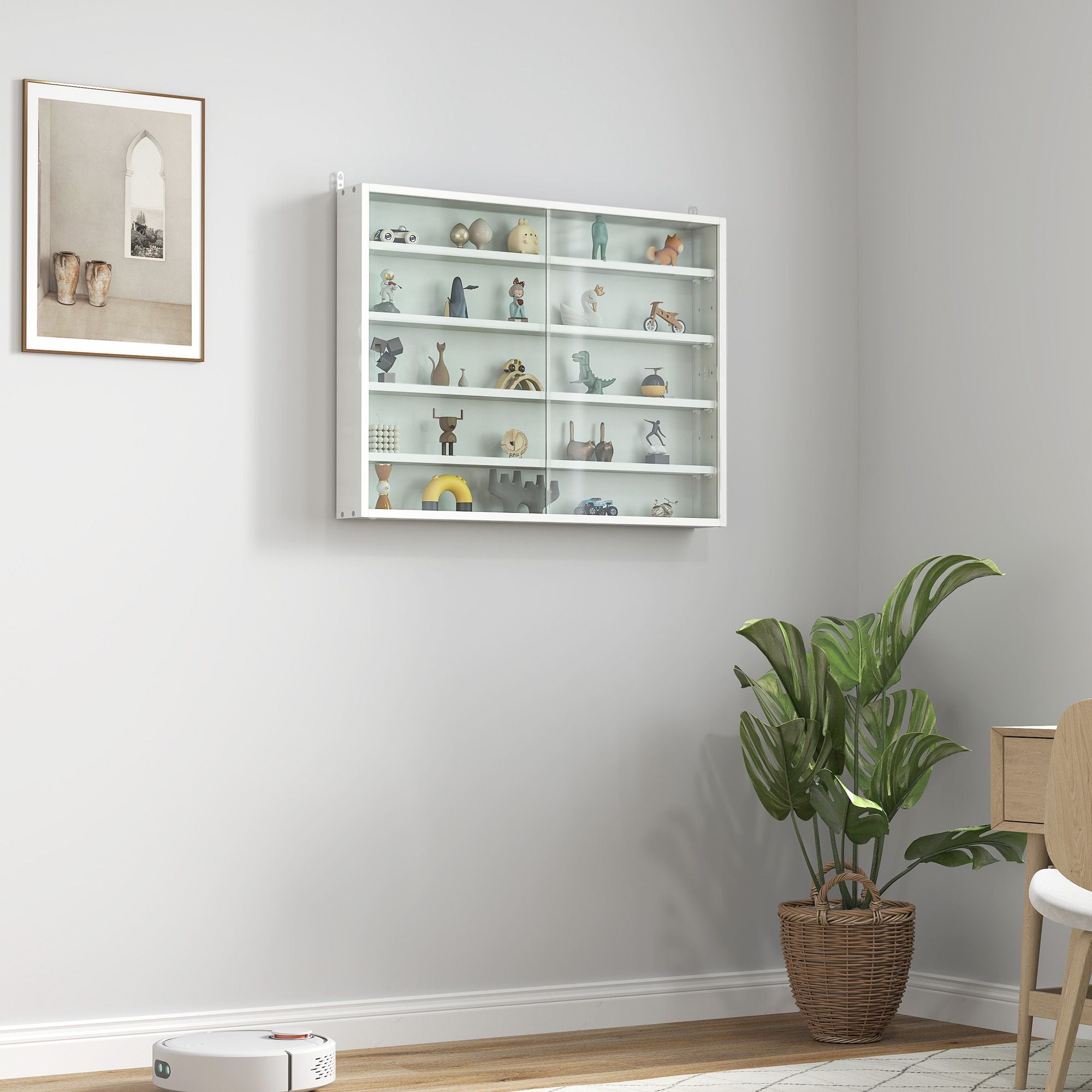 HOMCOM 5-Tier Wall-Mounted Glass Display Cabinet, White
