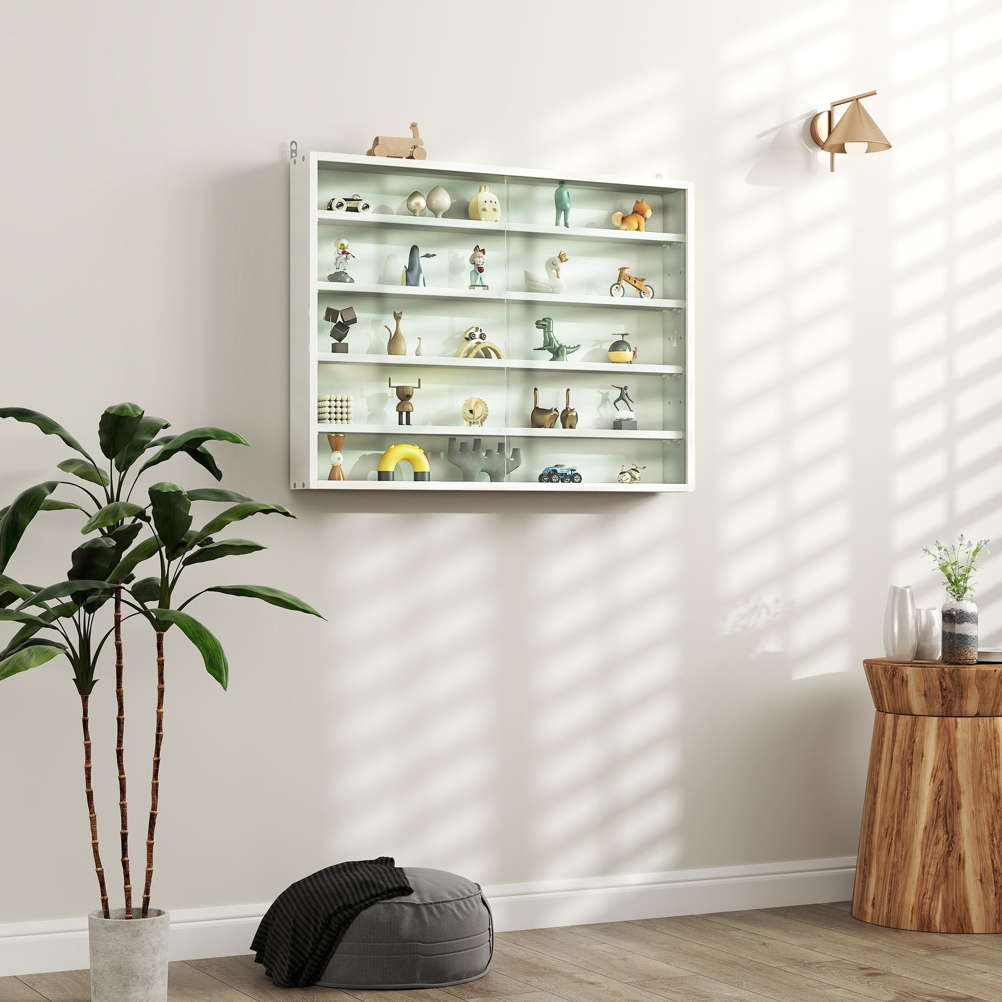 HOMCOM 5-Tier Wall-Mounted Glass Display Cabinet, White