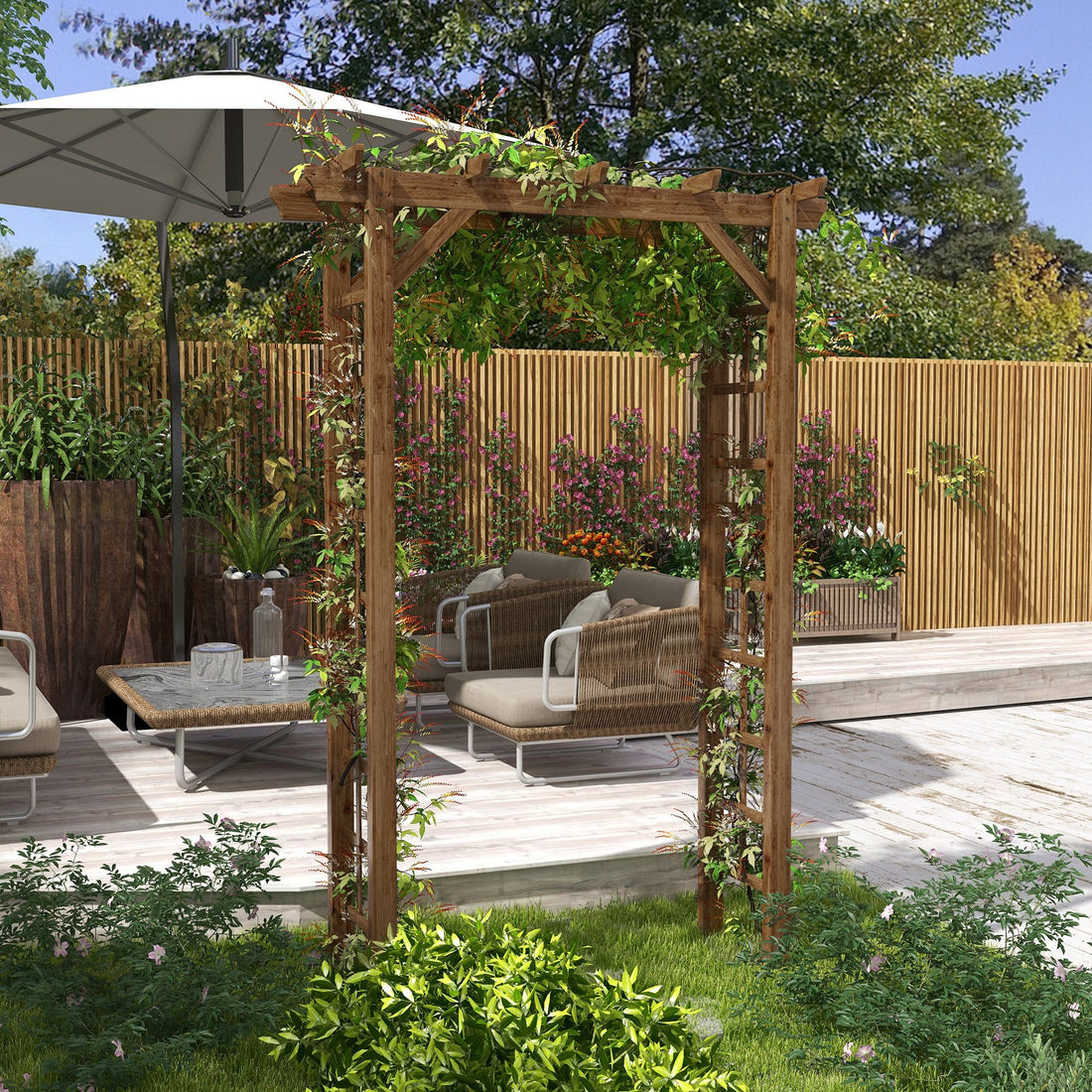 Outsunny 7 ft Wooden Garden Arbor with Steel Frame, Carbonized