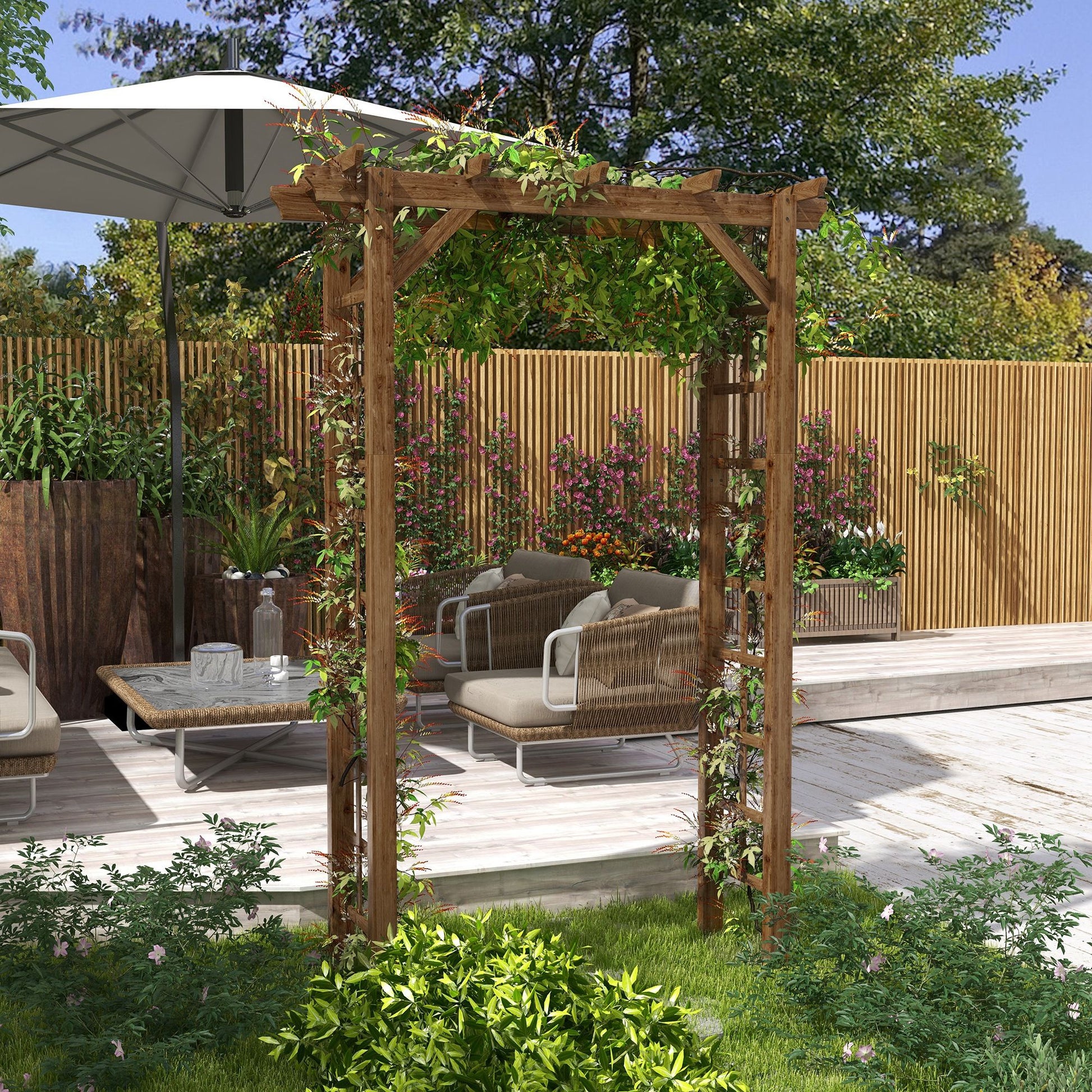 Outsunny 7 ft Wooden Garden Arbor with Steel Frame, Carbonized