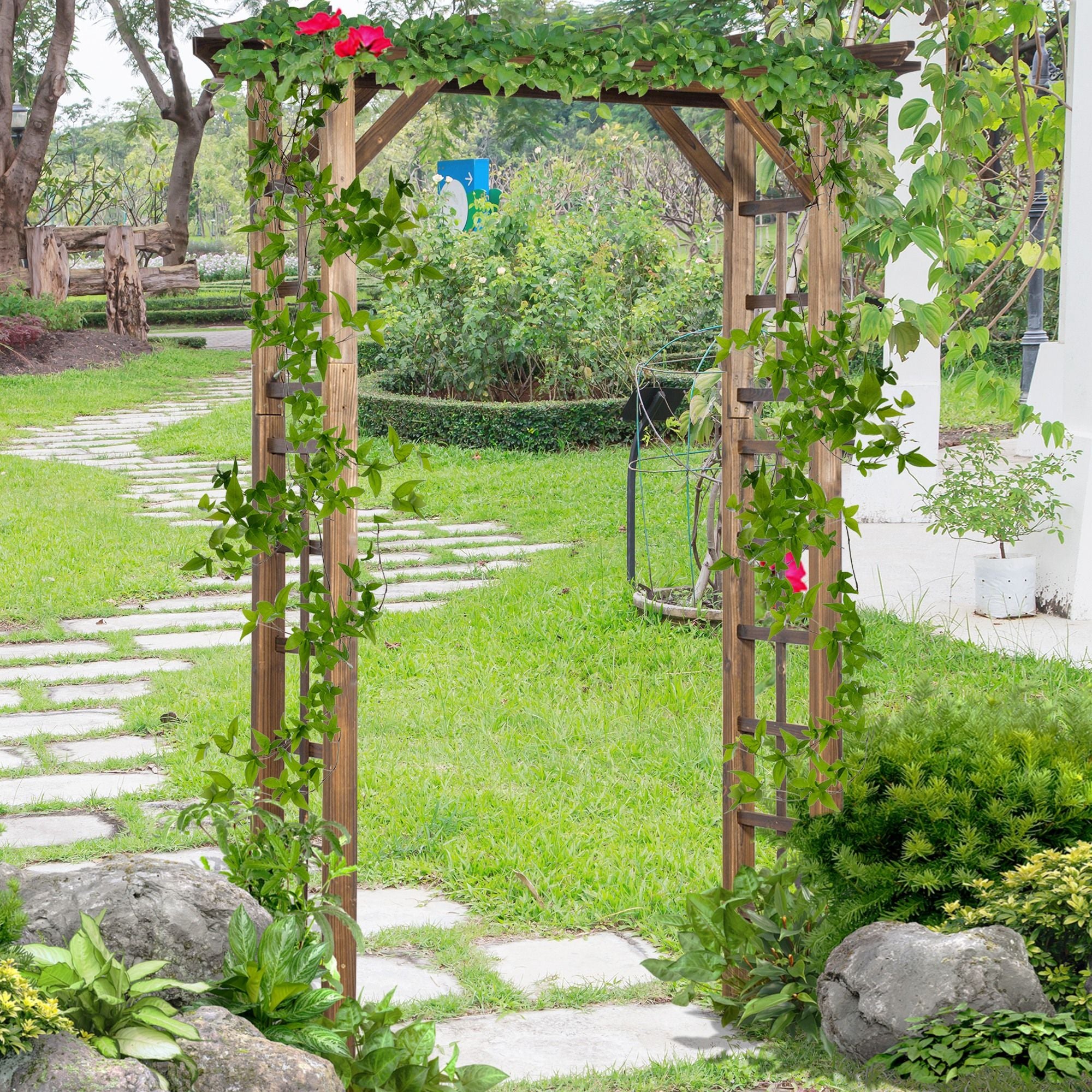 Outsunny 7 ft Wooden Garden Arbor with Steel Frame, Carbonized