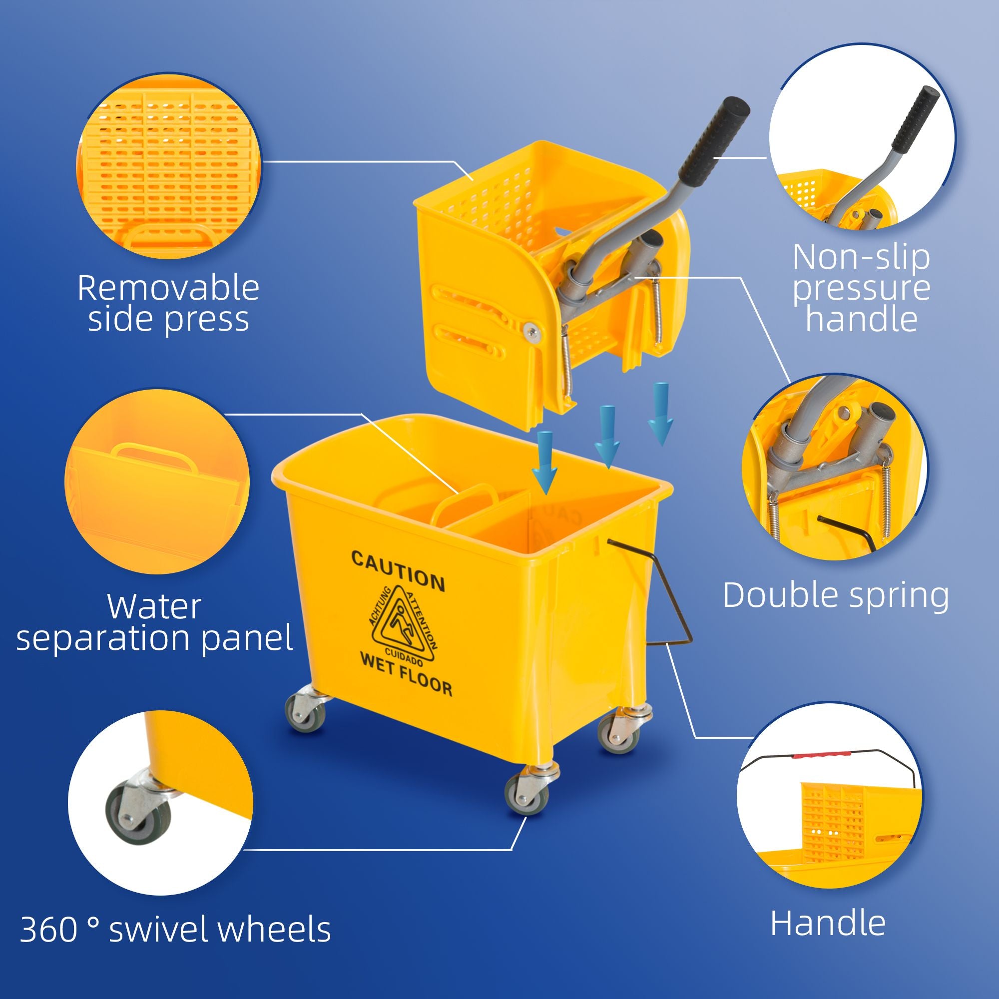 HOMCOM Heavy-Duty Janitor Mop Bucket with Wringer, Yellow - product view 7