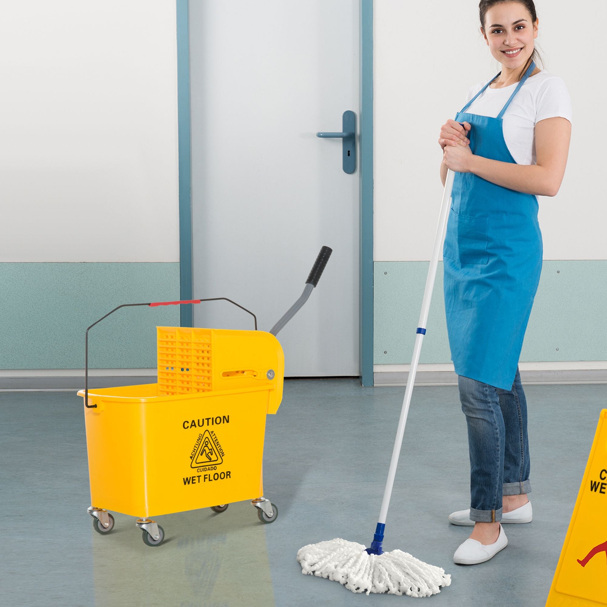 HOMCOM Heavy-Duty Janitor Mop Bucket with Wringer, Yellow - product view 2