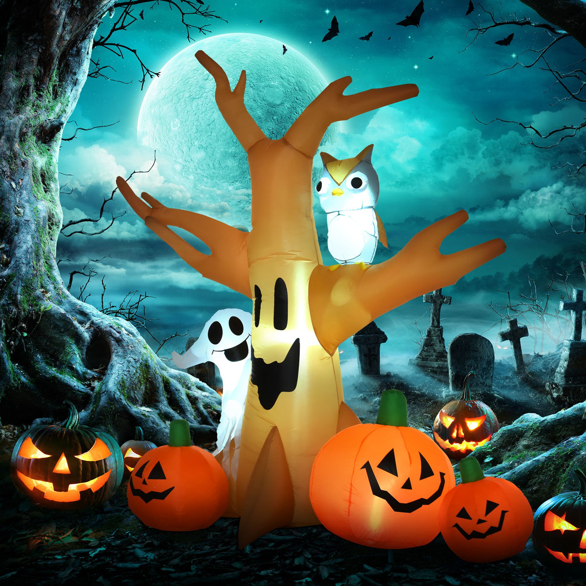 7.5' Tall Outdoor Lighted Inflatable Halloween Decoration, Waterproof Haunted Tree with Owl, Ghost & Pumpkins for Garden, Lawn & Party Décor - product view 10