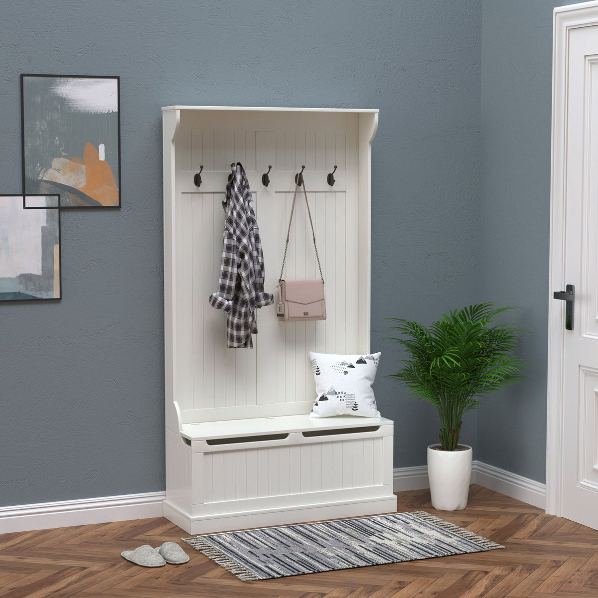 71" Hall Tree with Storage Bench, 3-In-1 Coat Rack, White Entryway Organizer