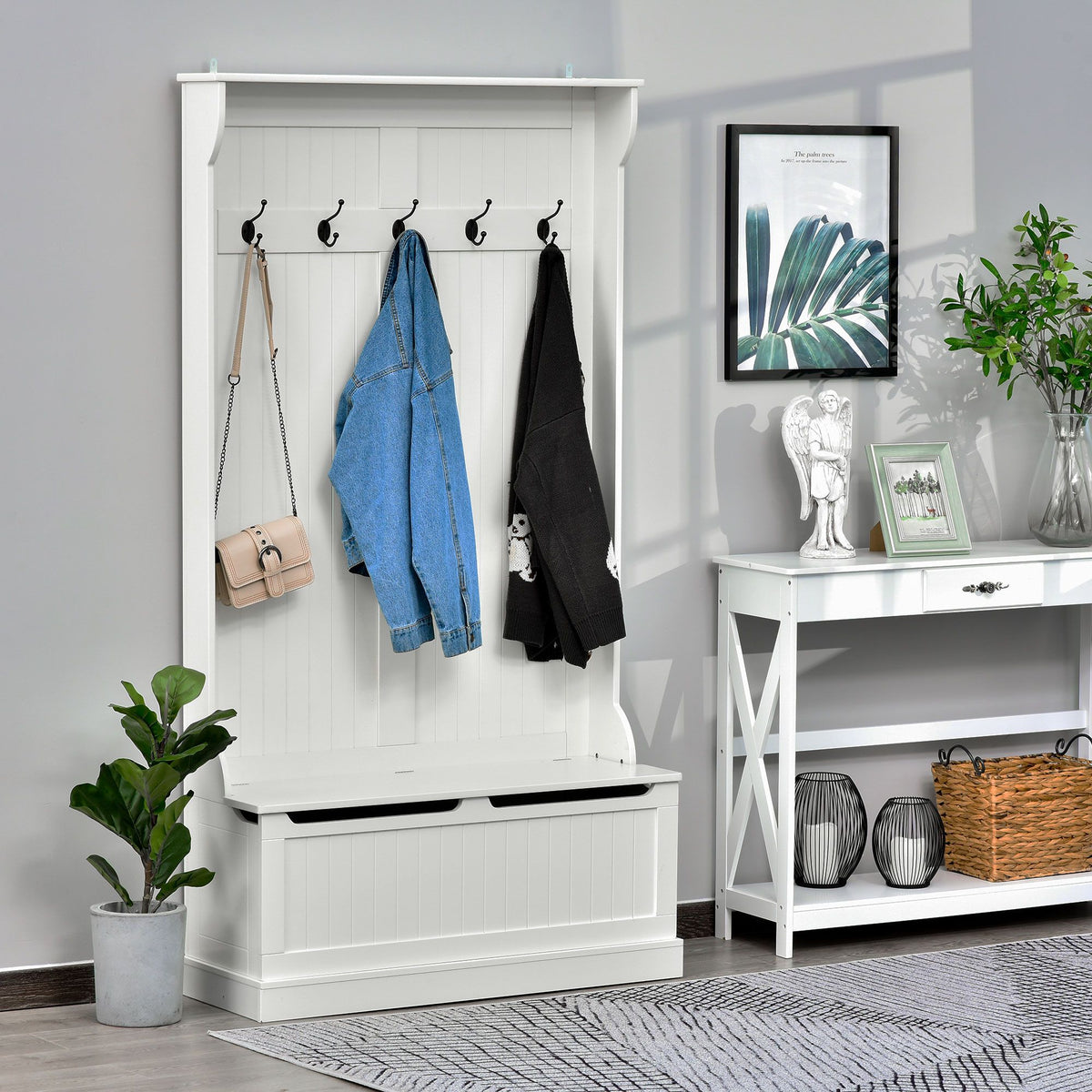71" Hall Tree with Storage Bench, 3-In-1 Coat Rack, White Entryway Organizer - product view 2