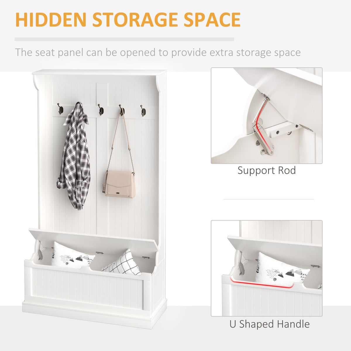 71" Hall Tree with Storage Bench, 3-In-1 Coat Rack, White Entryway Organizer - product view 6