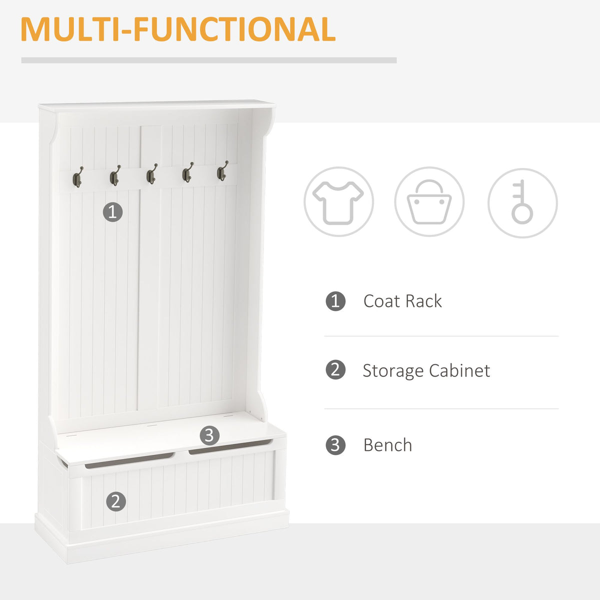 71" Hall Tree with Storage Bench, 3-In-1 Coat Rack, White Entryway Organizer - product view 4