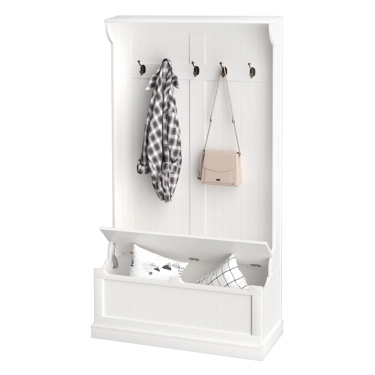 71" Hall Tree with Storage Bench, 3-In-1 Coat Rack, White Entryway Organizer - product view 11