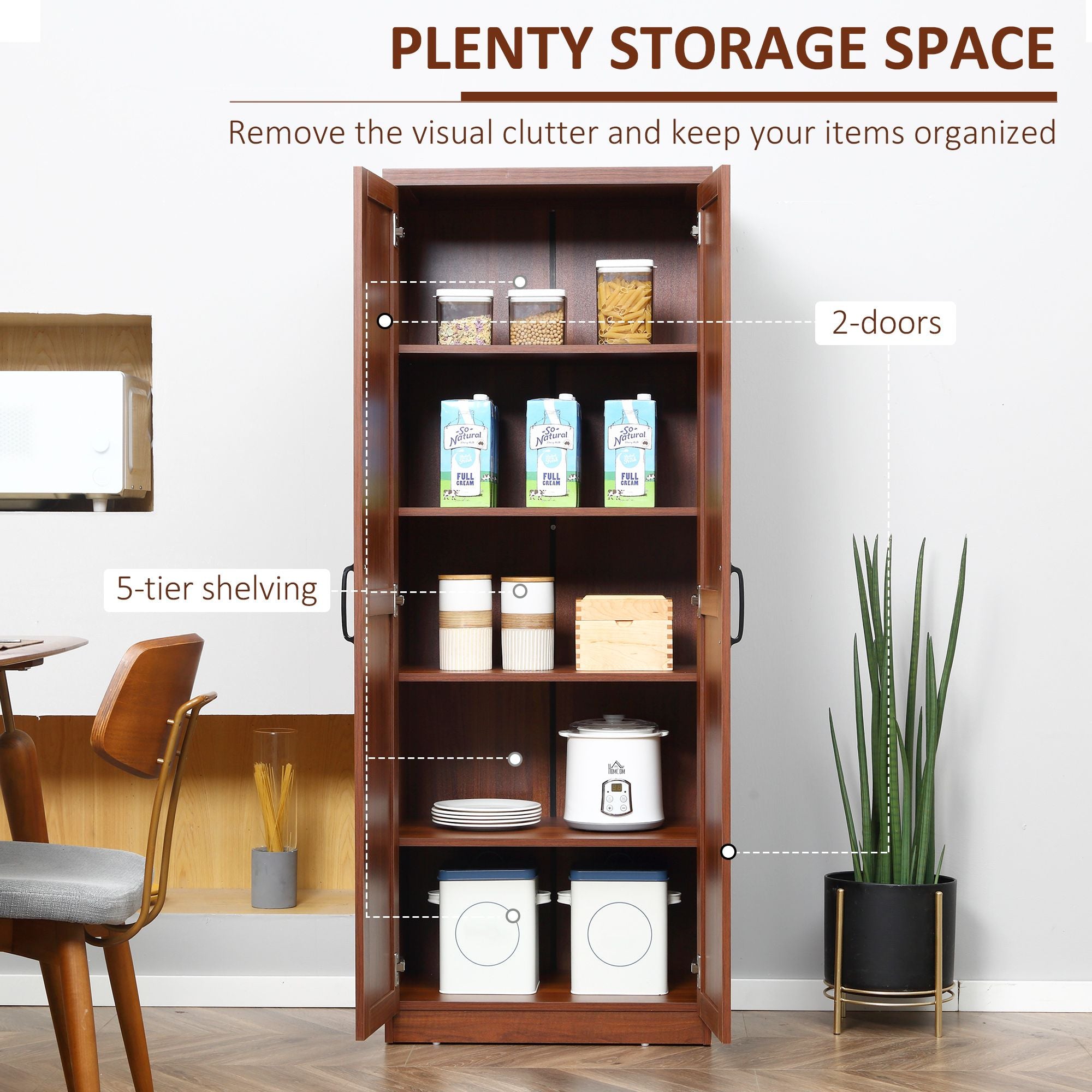 HOMCOM 63 in 2-Door Kitchen Pantry Cabinet with Adjustable Shelves, Brown
