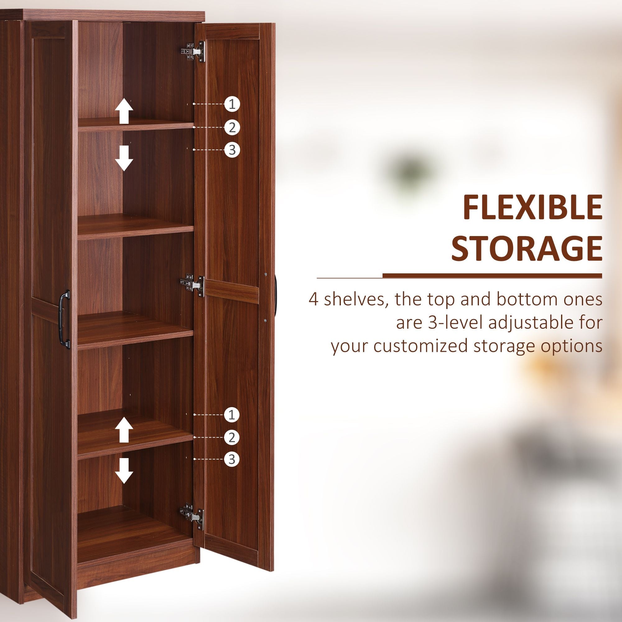 HOMCOM 63 in 2-Door Kitchen Pantry Cabinet with Adjustable Shelves, Brown