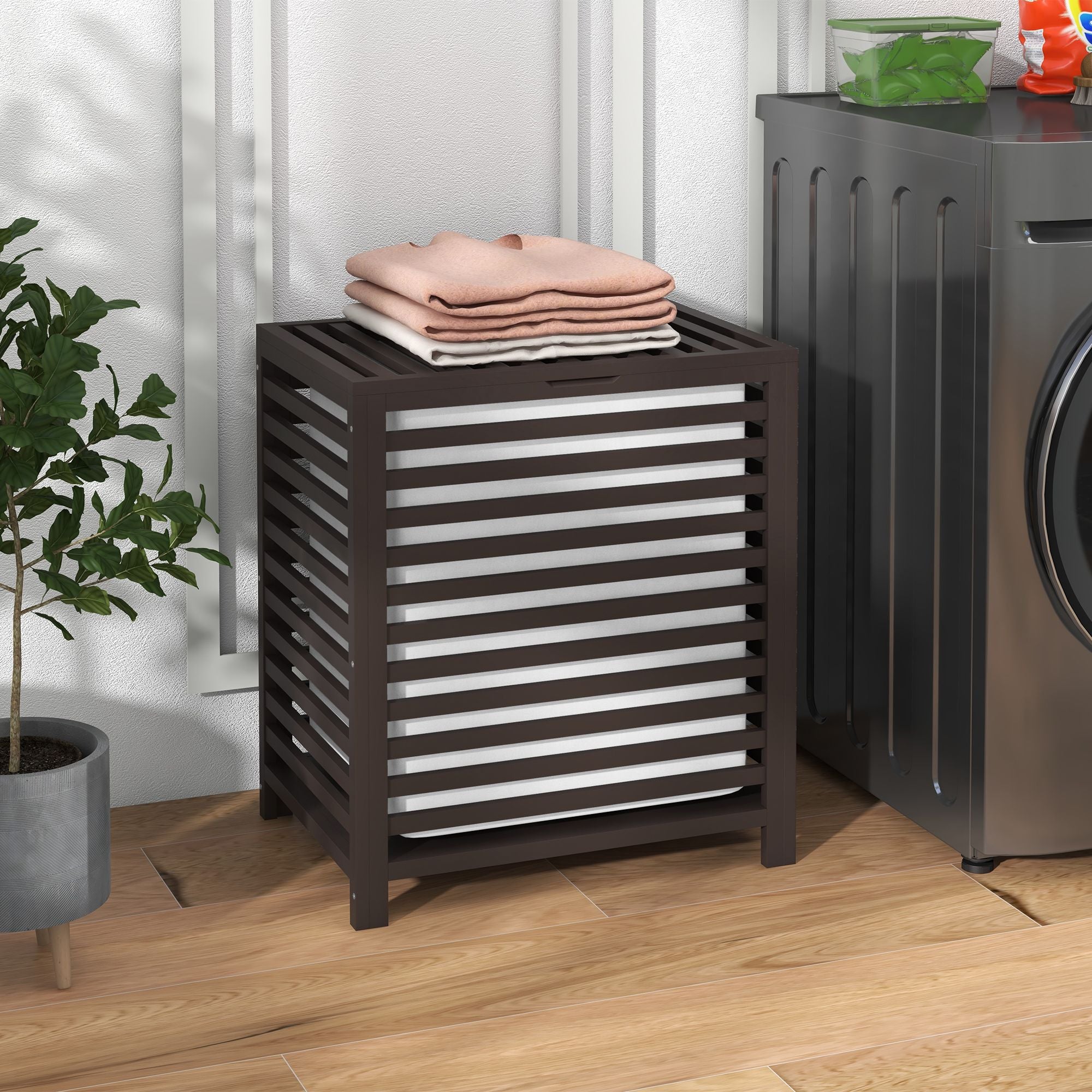 HOMCOM 55 L Bamboo Laundry Hamper with Lid and Liner, Coffee