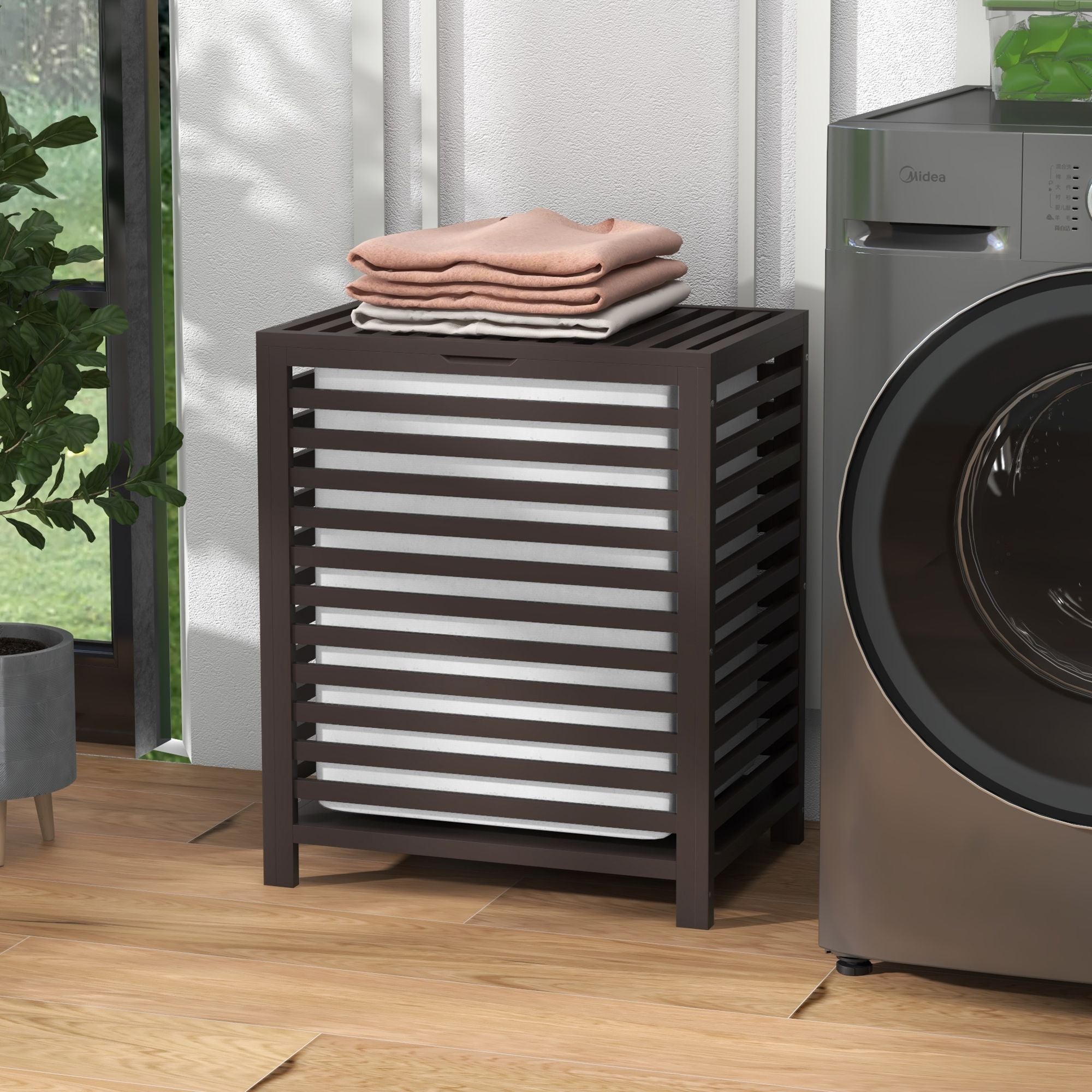 HOMCOM 55 L Bamboo Laundry Hamper with Lid and Liner, Coffee