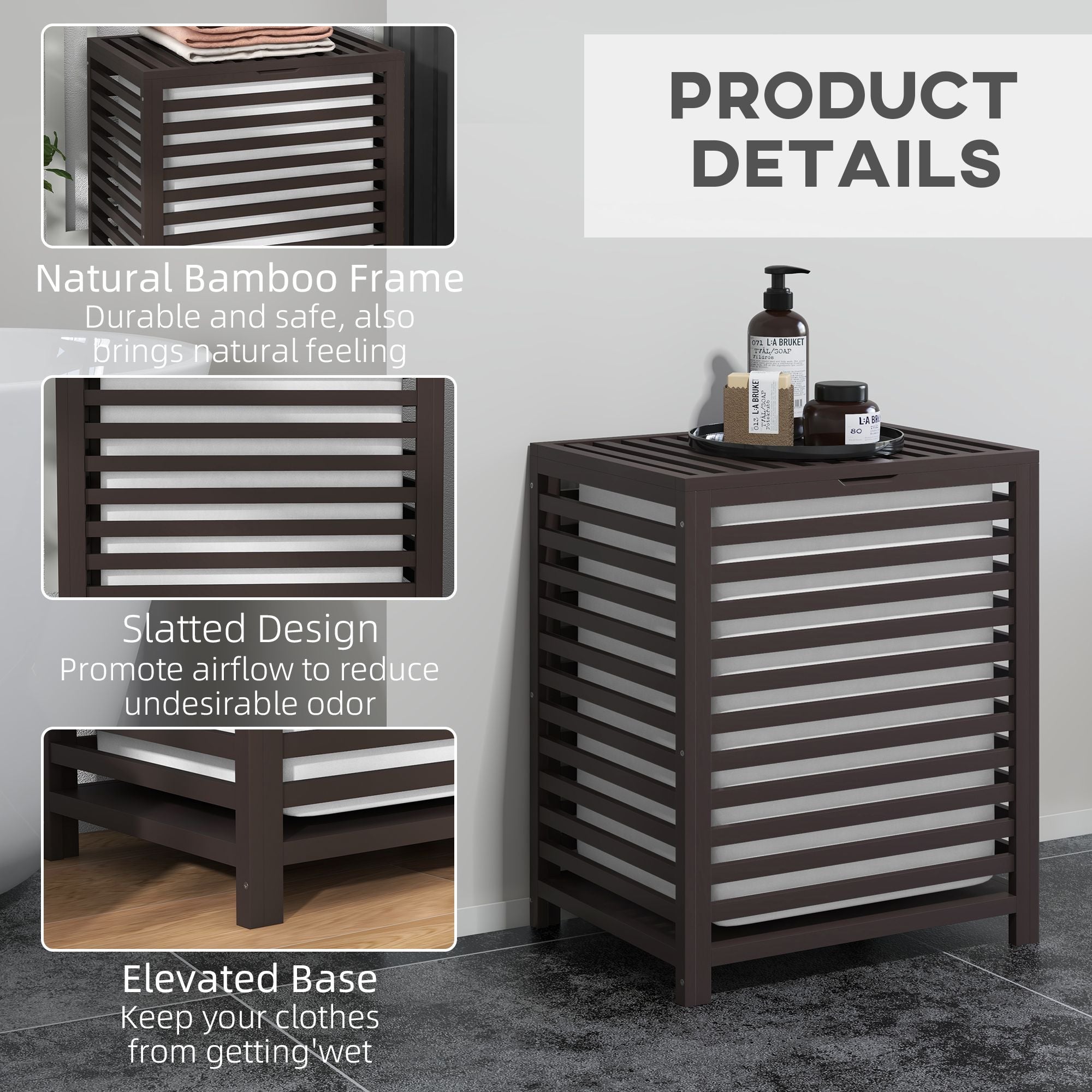 HOMCOM 55 L Bamboo Laundry Hamper with Lid and Liner, Coffee