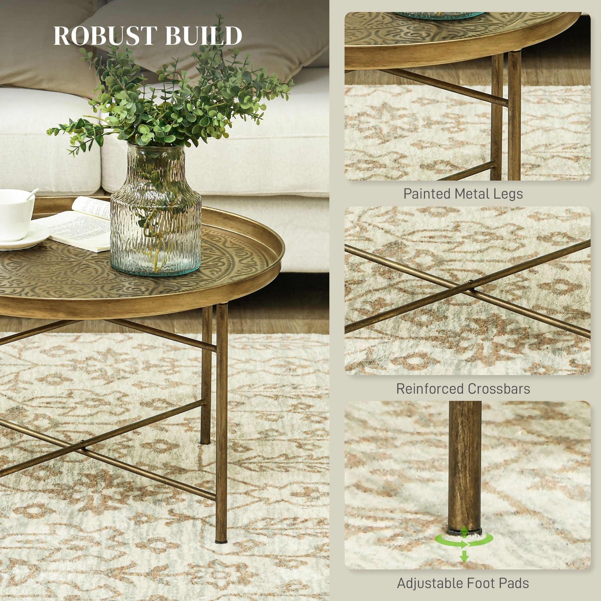 HOMCOM 24 in Round Gold Hammered Accent Table with Metal Frame