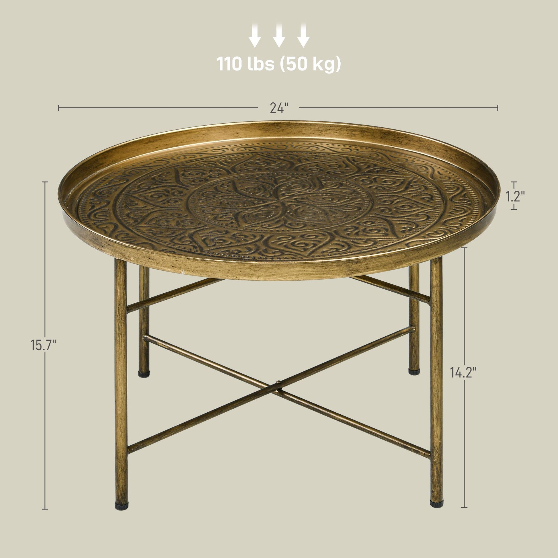 HOMCOM 24 in Round Gold Hammered Accent Table with Metal Frame