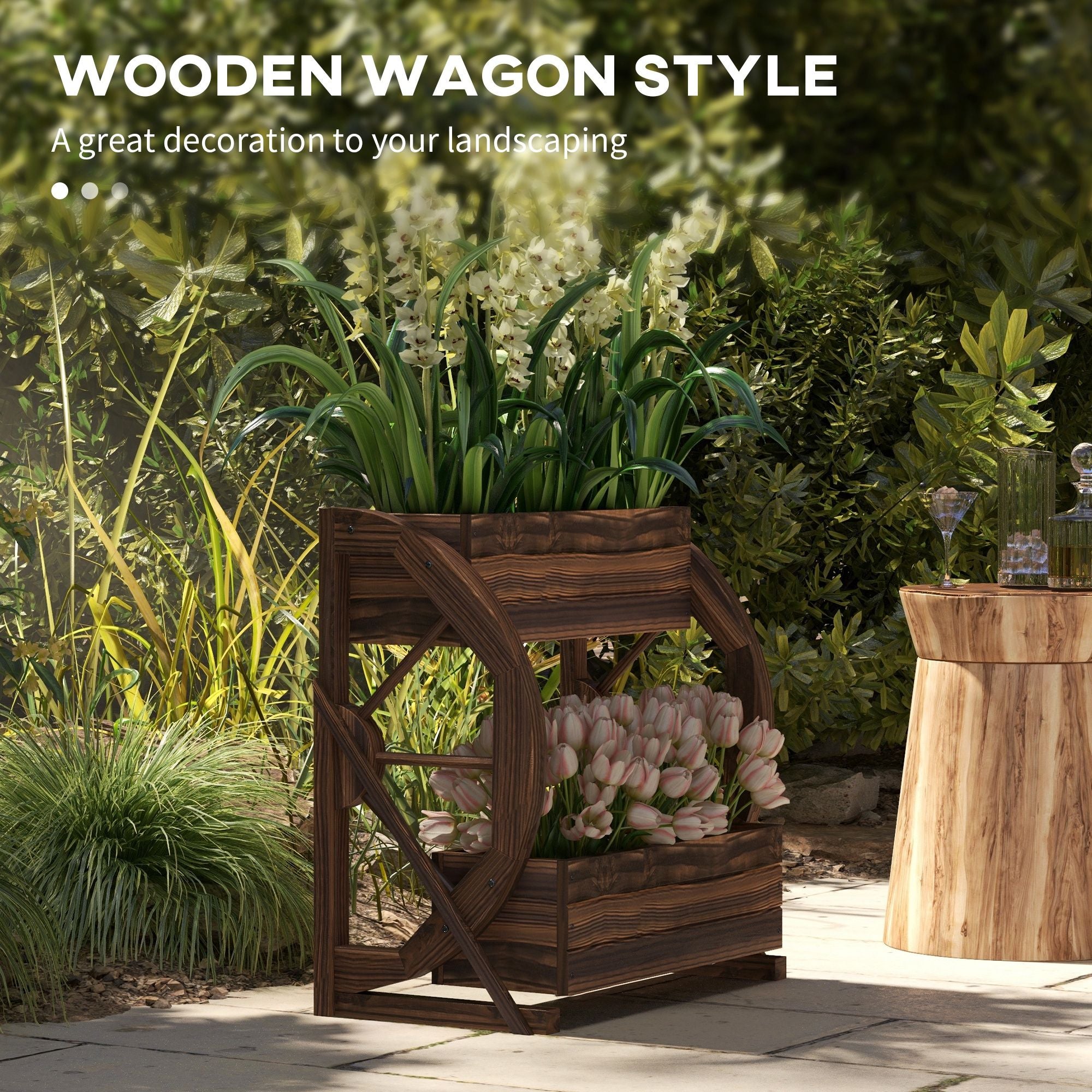 Outsunny 2-Tier Wooden Wagon Raised Garden Bed, Carbonized