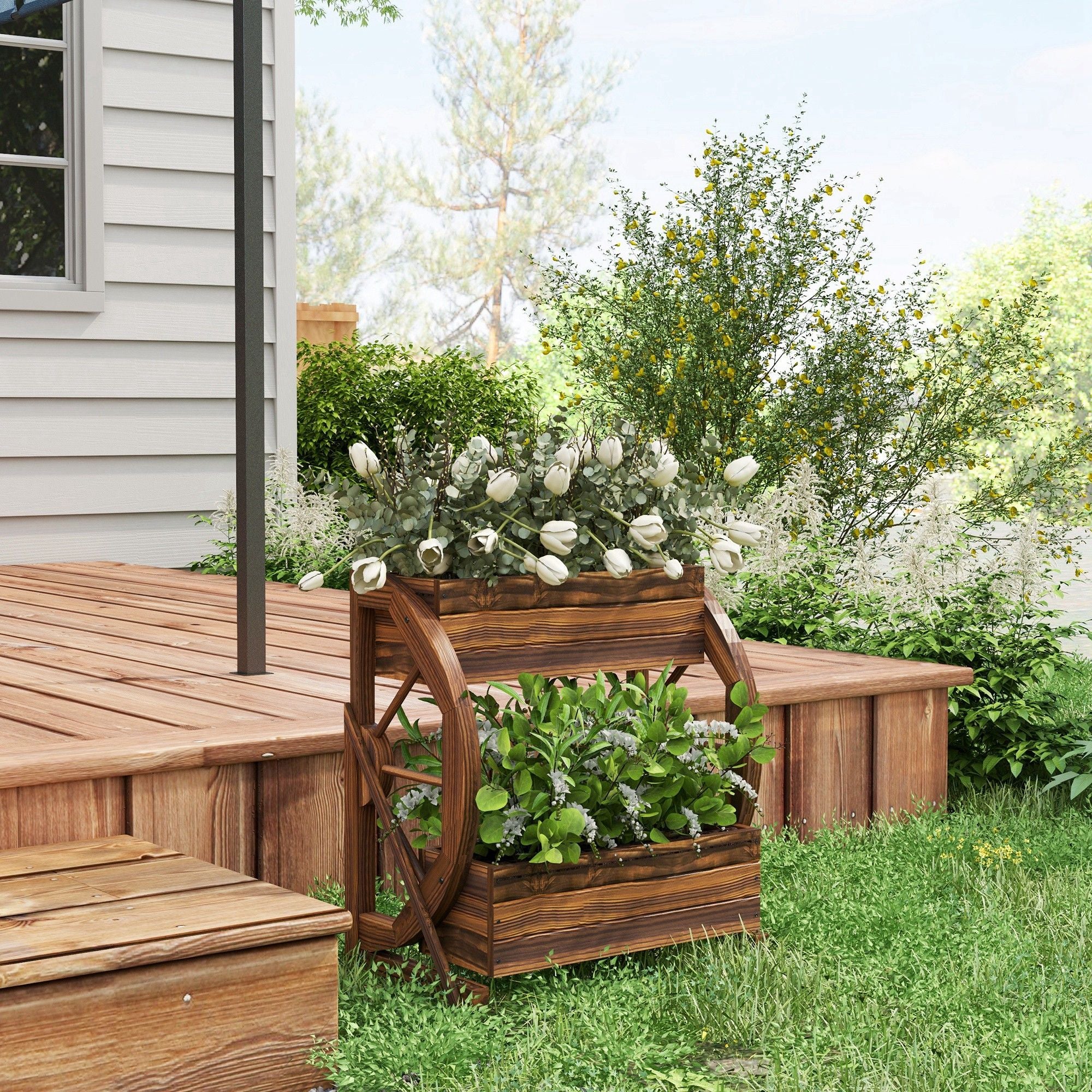 Outsunny 2-Tier Wooden Wagon Raised Garden Bed, Carbonized