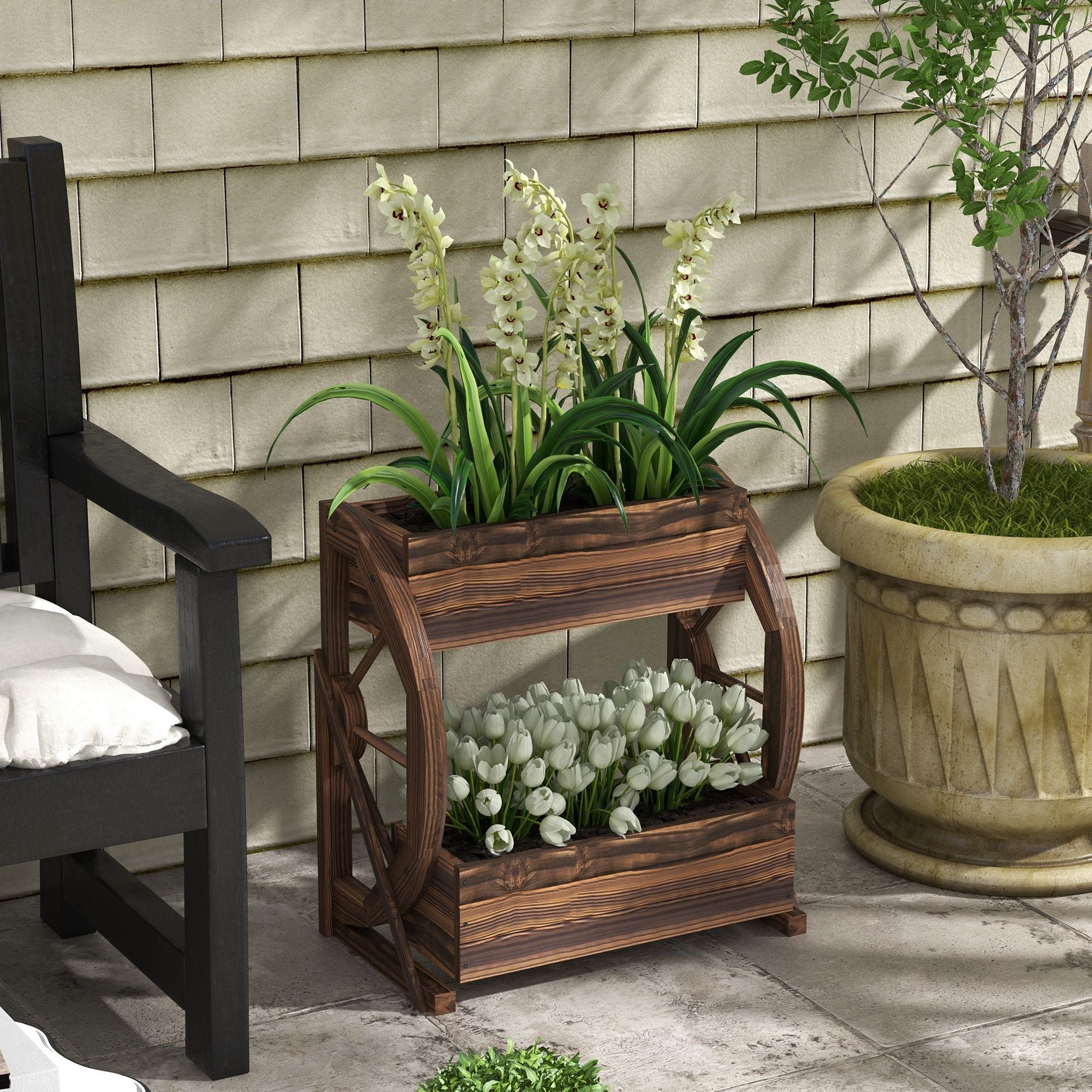 Outsunny 2-Tier Wooden Wagon Raised Garden Bed, Carbonized