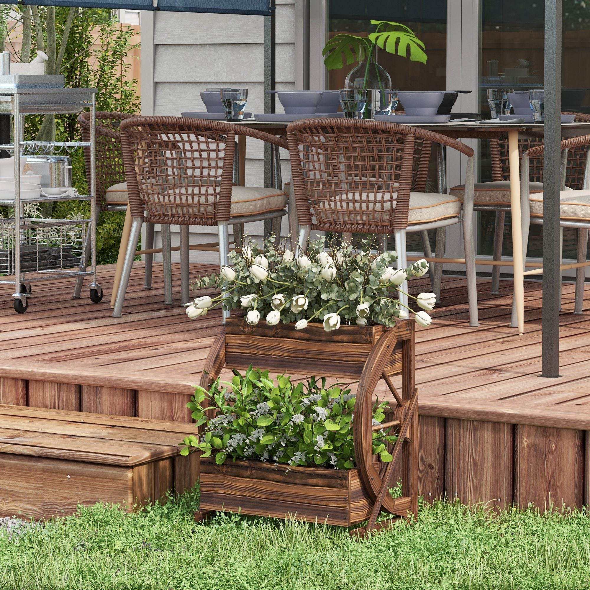 Outsunny 2-Tier Wooden Wagon Raised Garden Bed, Carbonized