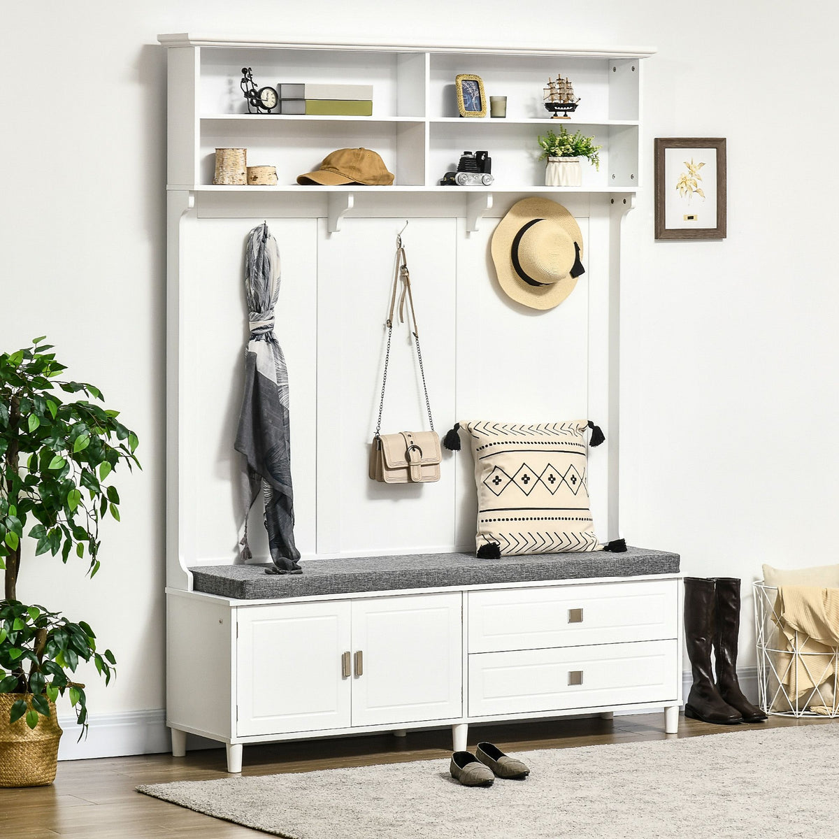 White Hall Tree with Storage Bench Entryway Coat Rack Accent Furniture with Shelves Cabinet Drawers for Hallway - product view 10