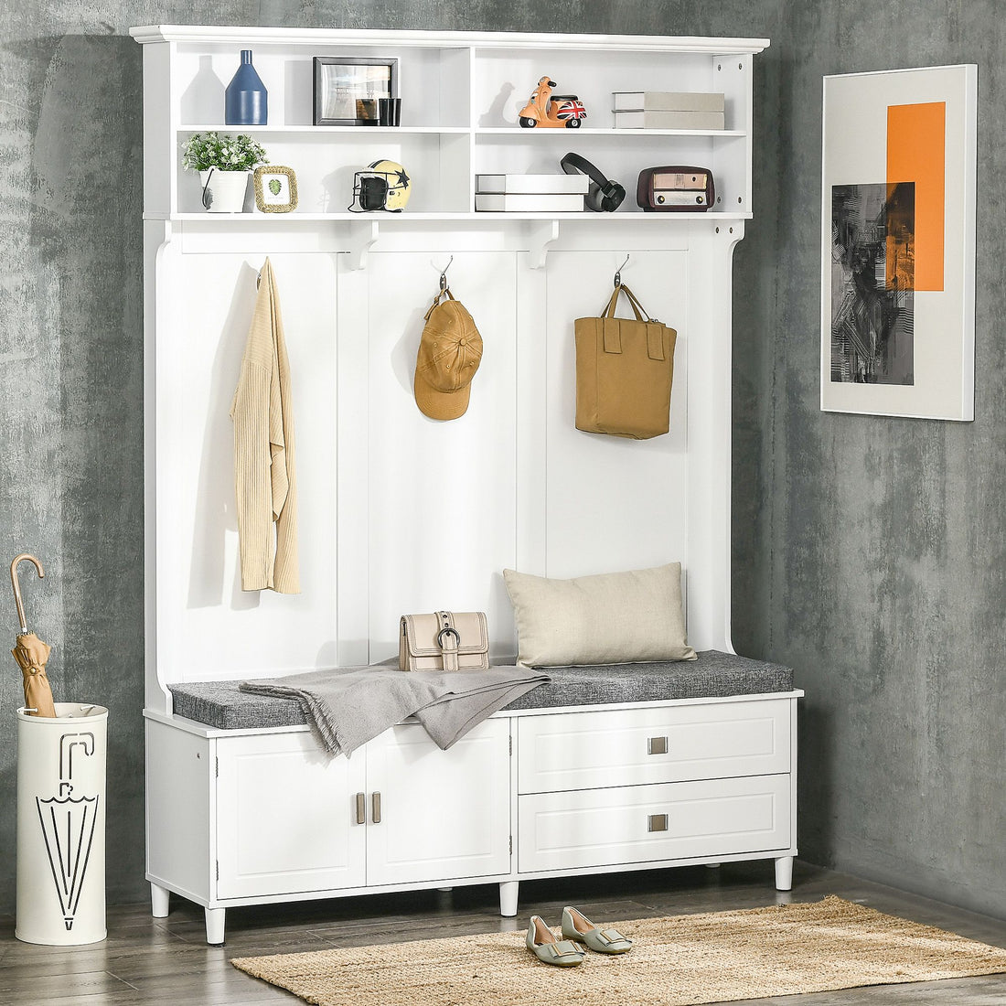 White Hall Tree with Storage Bench Entryway Coat Rack Accent Furniture with Shelves Cabinet Drawers for Hallway