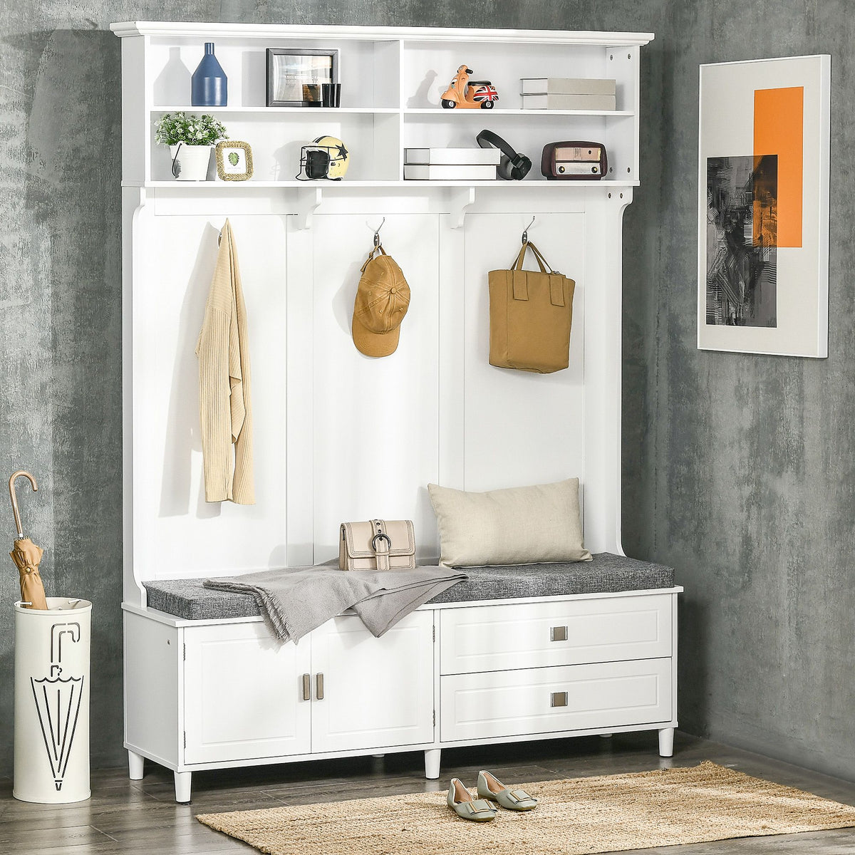 White Hall Tree with Storage Bench Entryway Coat Rack Accent Furniture with Shelves Cabinet Drawers for Hallway - product view 2