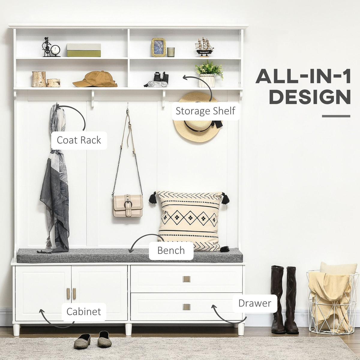 White Hall Tree with Storage Bench Entryway Coat Rack Accent Furniture with Shelves Cabinet Drawers for Hallway - product view 4