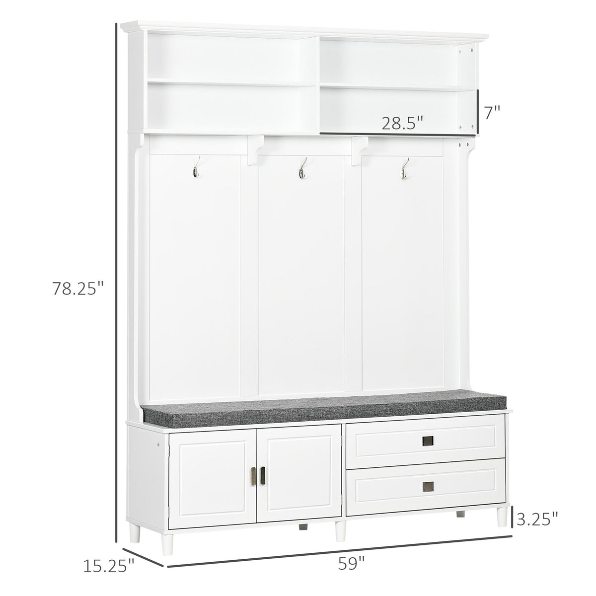 White Hall Tree with Storage Bench Entryway Coat Rack Accent Furniture with Shelves Cabinet Drawers for Hallway - product view 3