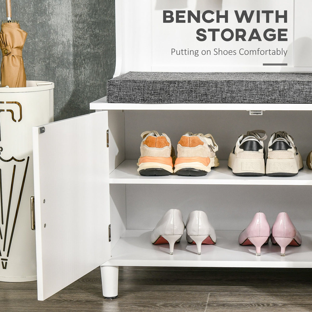 White Hall Tree with Storage Bench Entryway Coat Rack Accent Furniture with Shelves Cabinet Drawers for Hallway - product view 6