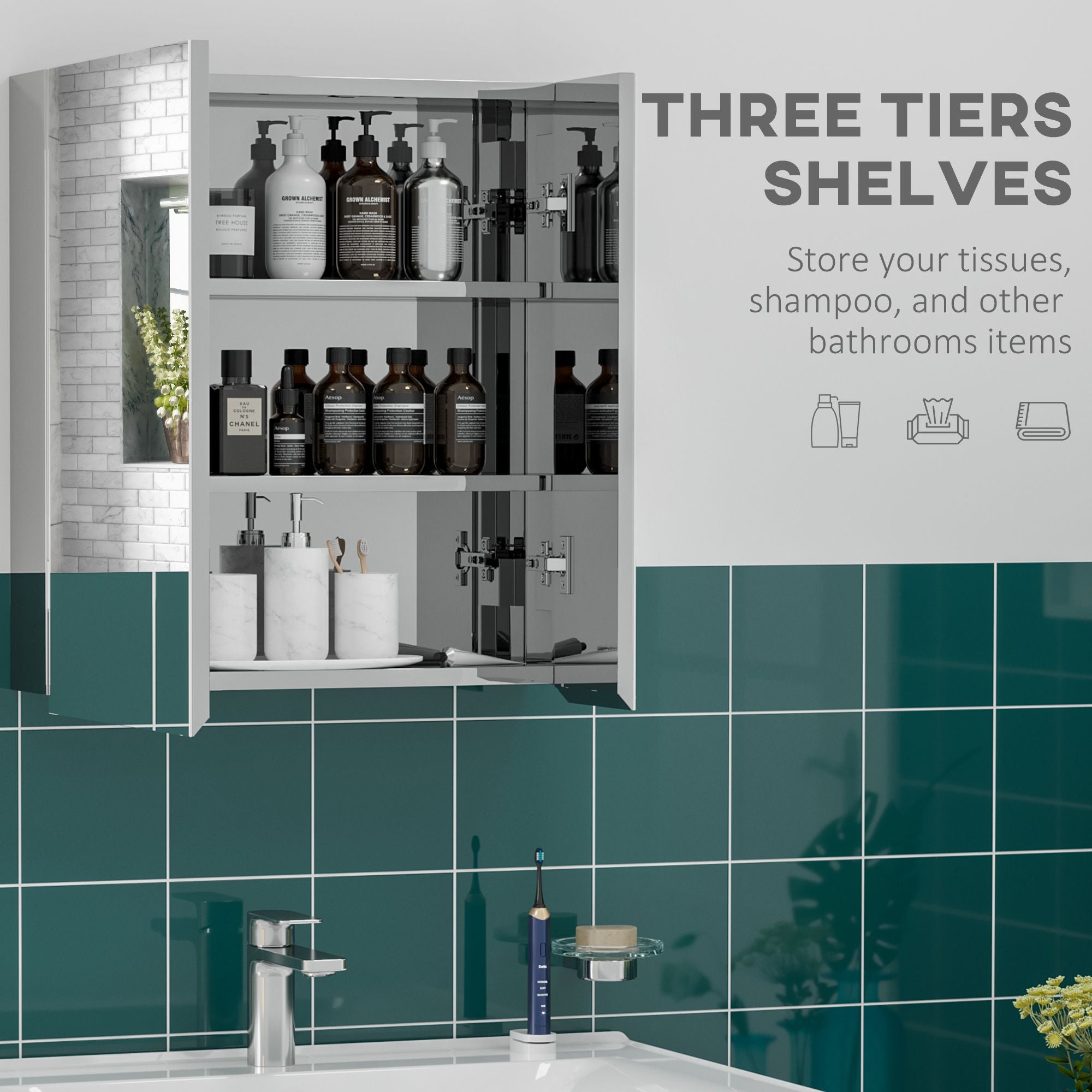 Kleankin Mirrored Bathroom Medicine Cabinet with 3-Tier Storage, Silver