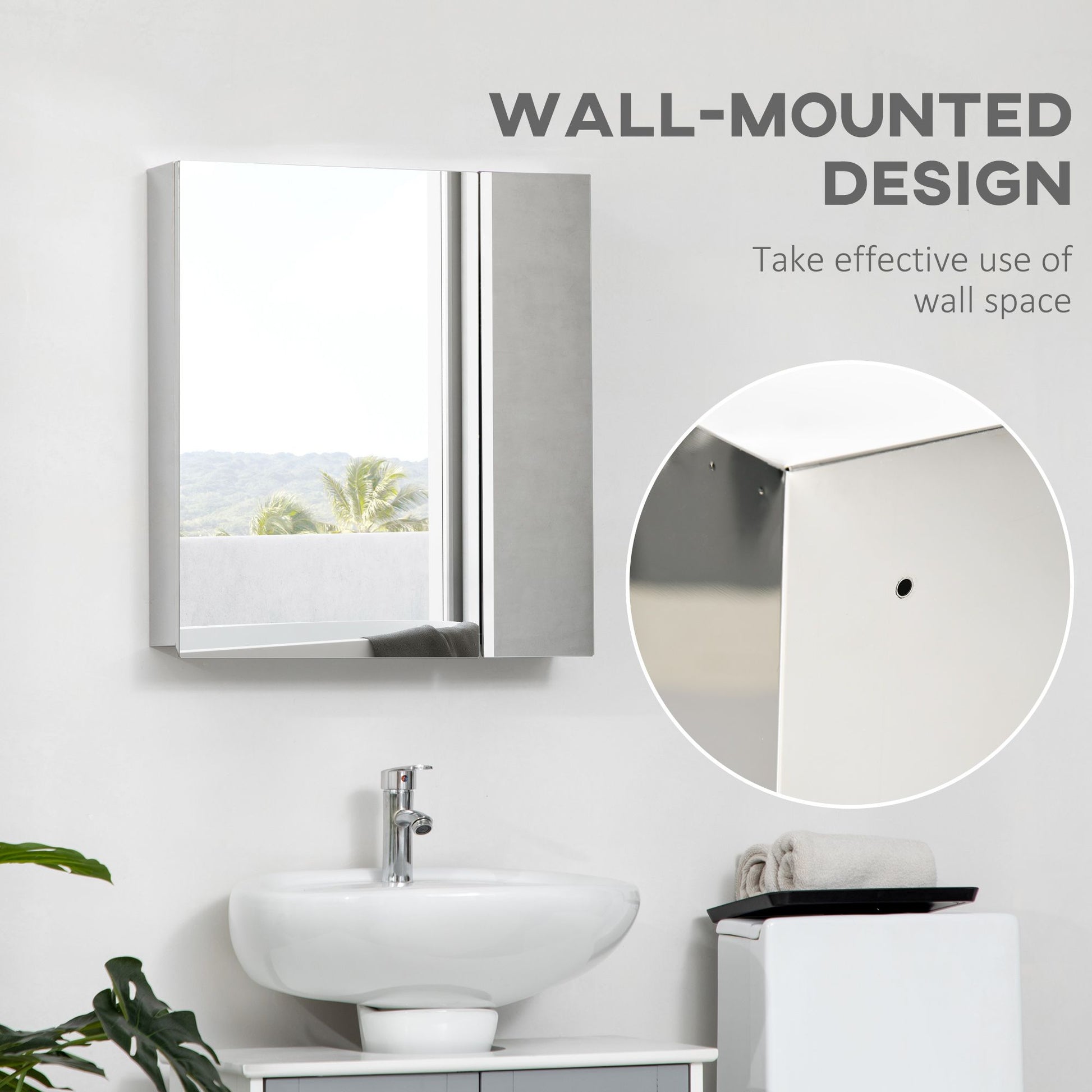Kleankin Mirrored Bathroom Medicine Cabinet with 3-Tier Storage, Silver