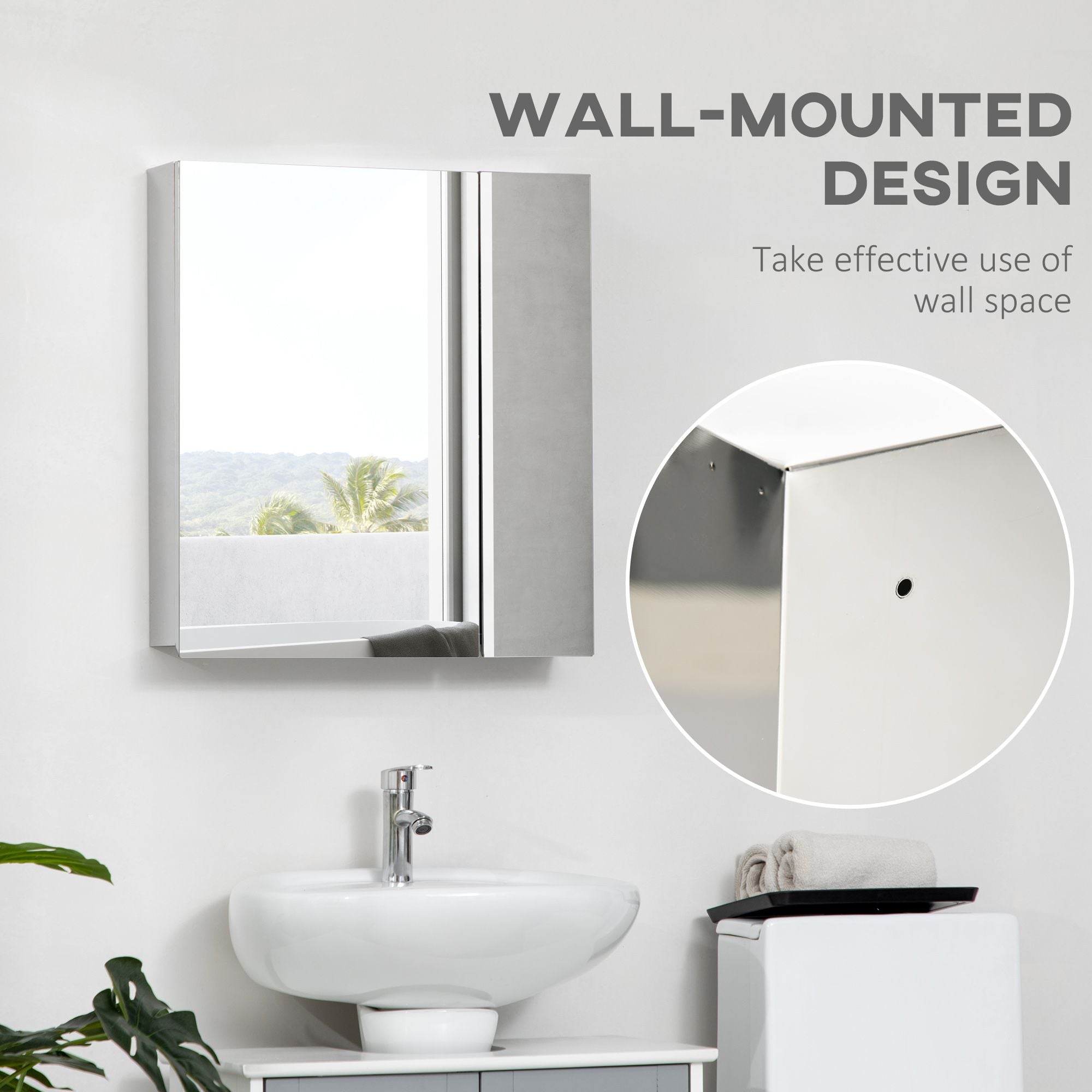 Kleankin Mirrored Bathroom Medicine Cabinet with 3-Tier Storage, Silver